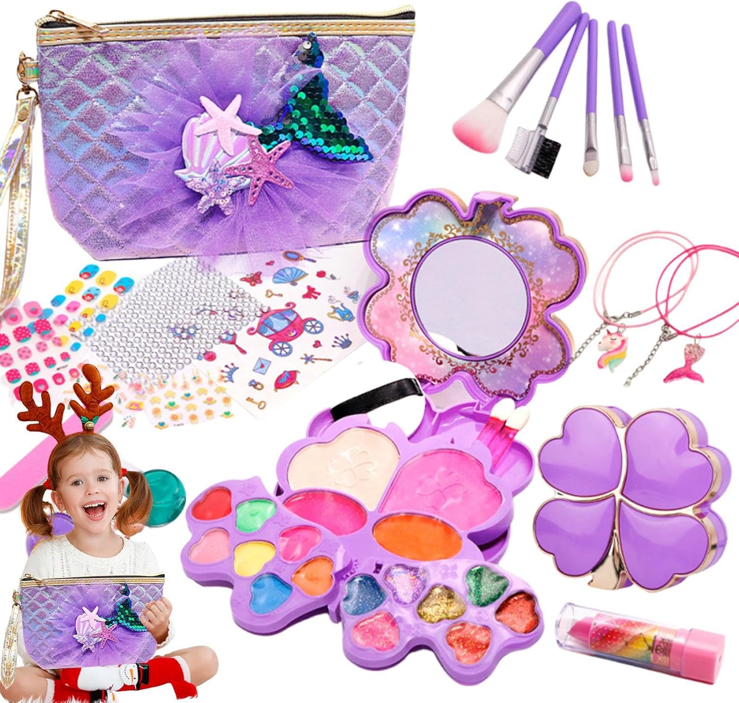 SUITSMILE メイクセット 女の子 メイクボックス 子供 3歳 【限定1点クリスマスプレゼントに】メイク キッズメイクアップキット | 26点の本格的な化粧品 洗えるプリンセスおもちゃ,リトルガールズメイクアップ - 3歳から12歳向け