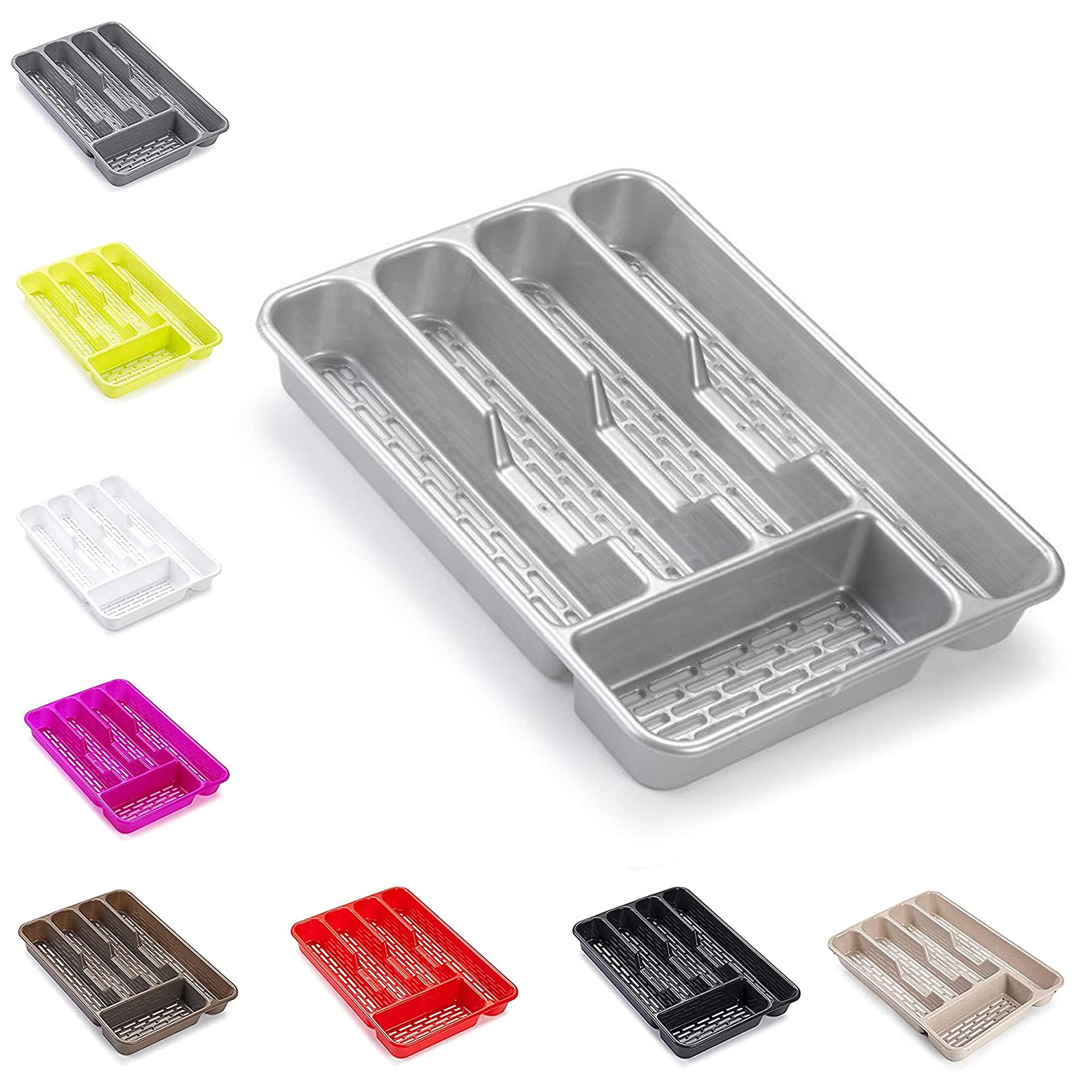 Plastific Silver Cutlery Tray Organizer, Plastic Cutlery Holder For Kitchen Drawer, Utensil Storage Tray For Forks, Spoons & Knives, (, 33 X 24 X 4.3)