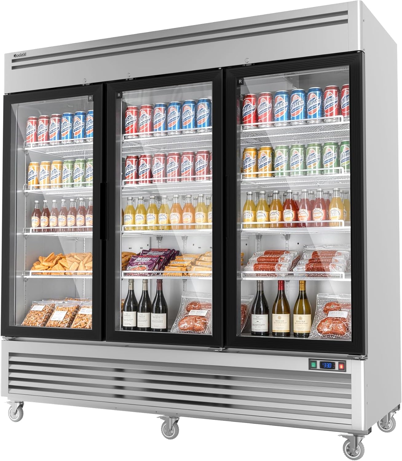 Coolski Commercial Refrigerator with Glass Door, 78.2 Cu.ft. Display Beverage Cooler, Upright Stainless Steel Fridge with Built-in LED Strip Light for Convenience Stores, Restaurants, Bars