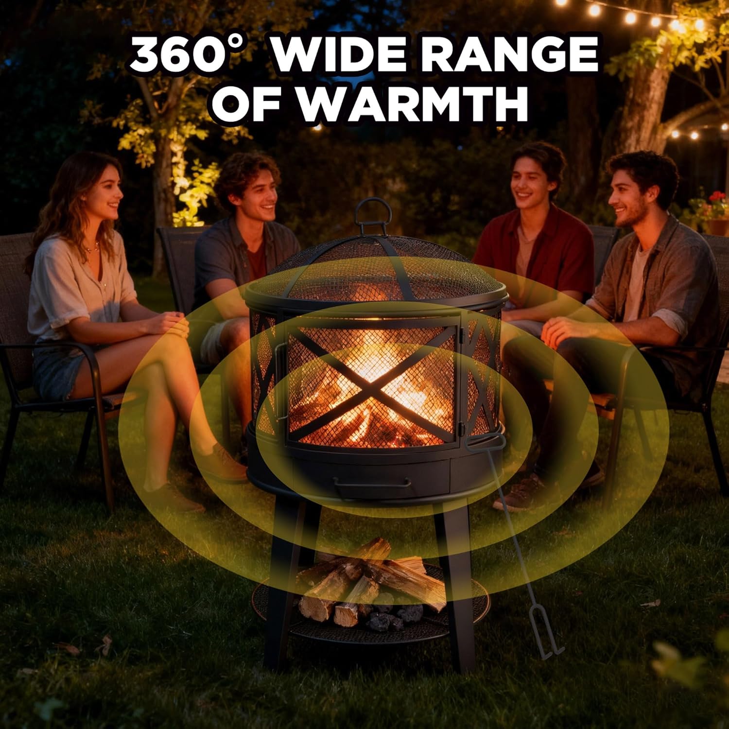 17.52 Inch Steel Lattice Fire Pit Outdoor with Grill Charcoal Pan 2 in 1 Fire Pit Bowl Wood-Burning Camping Stove with Poker Cover Lid for Patios Backyard Bonfir Parties Picnics Outside BBQ (Black)