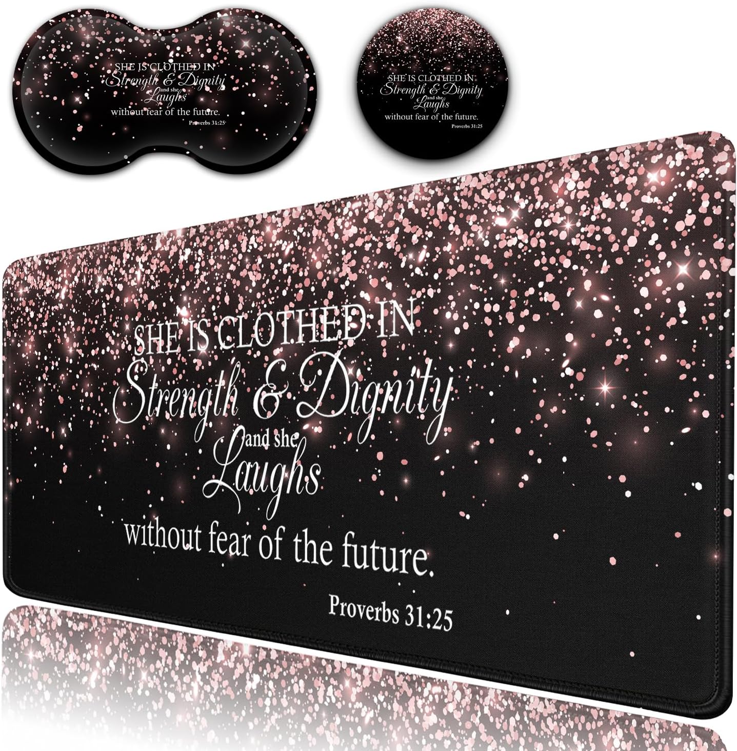 Desk Pad, Extended Large Mouse Pad with Stitched Edges (31.5X11.8In), Ergonomic Mouse Wrist Rest, Waterproof Computer Keyboard Mouse Mat, Proverbs 31:25 Bible Rose Gold XXL Black Gaming Mouse Pad