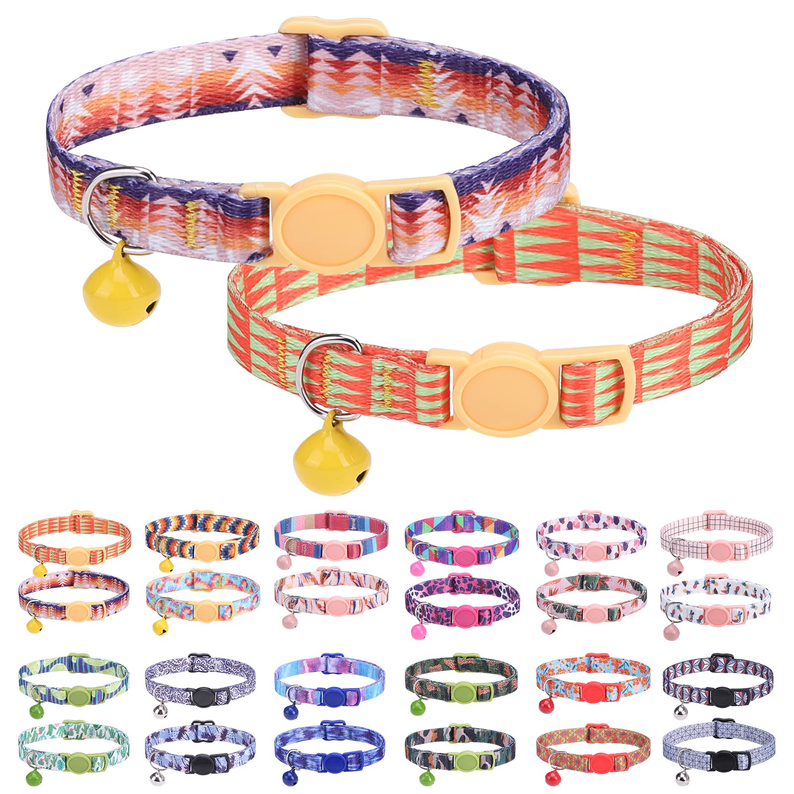 DILLYBUD Breakaway Cat Collars for Girl Boy Cats, Spring Summer All Weather Cat Collar Personalized Pattern 2 Pack,Cute Classic Safety Buckles and
