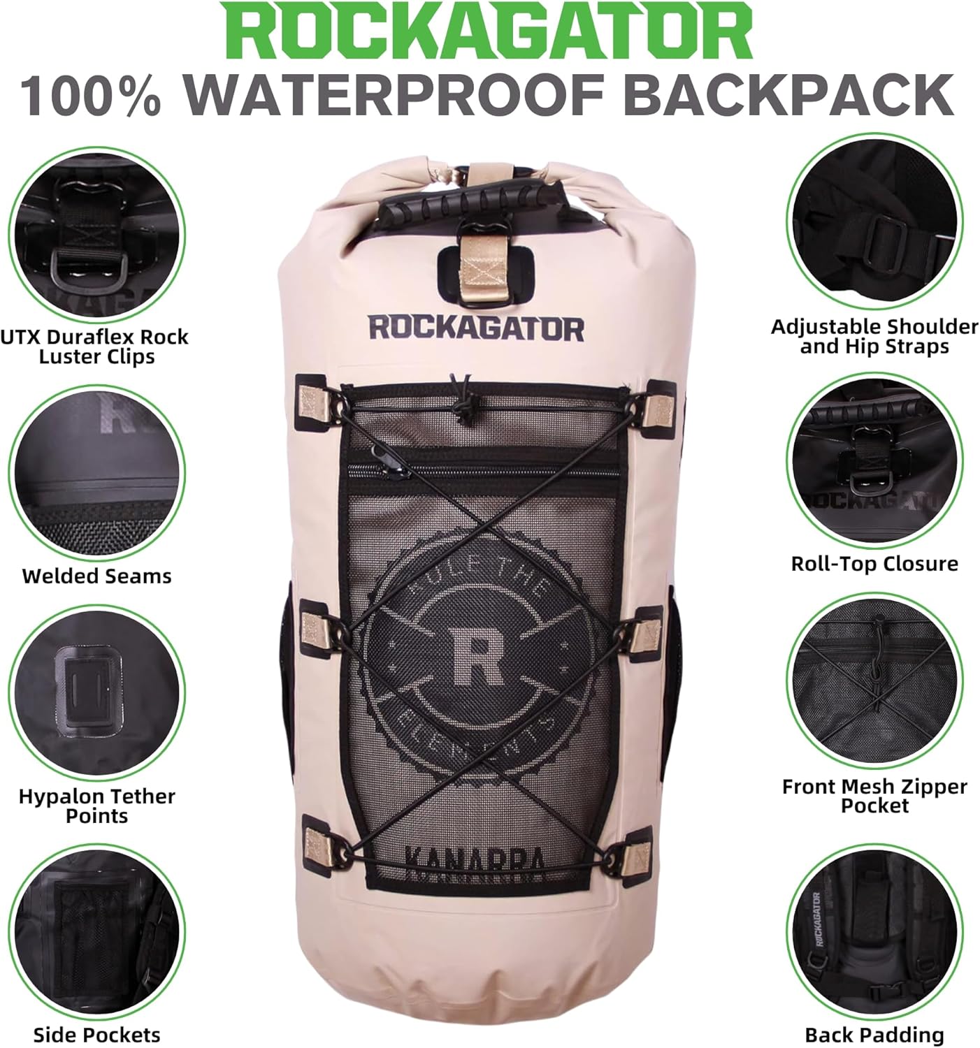 Rockagator Kanarra 90L Waterproof Backpack for Camping, Hiking, Mountaineering, Backpacking, Hunting, Fishing, Canoeing, Outdoor Activities, The Wet Outdoors - Large Capacity, Roll Top Closure, Tan