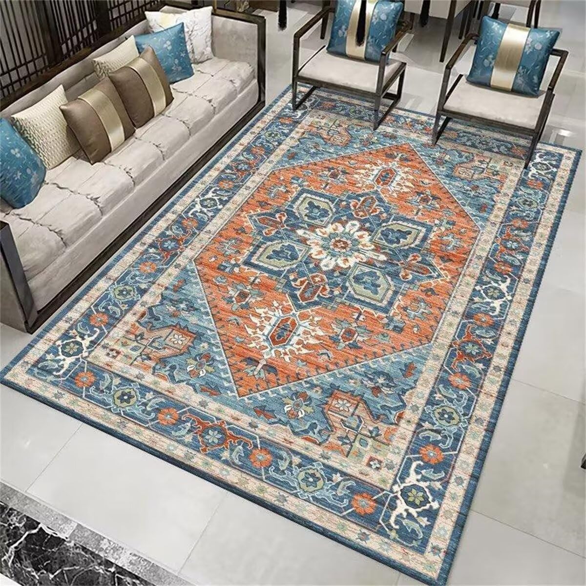 Tapis long couloir bleu entretien facile au design floral traditionnel 200x260