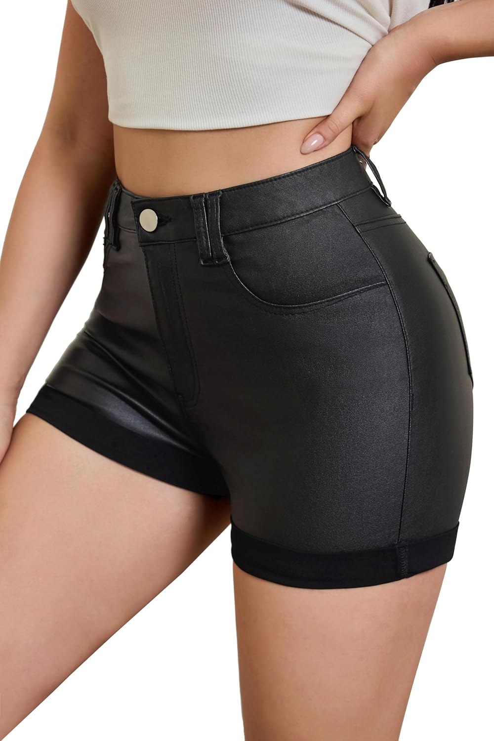 Women's Mid Waisted Faux Leather Shorts Sexy Mini Booty Skinny Stretch Shorts with Curled Club Party