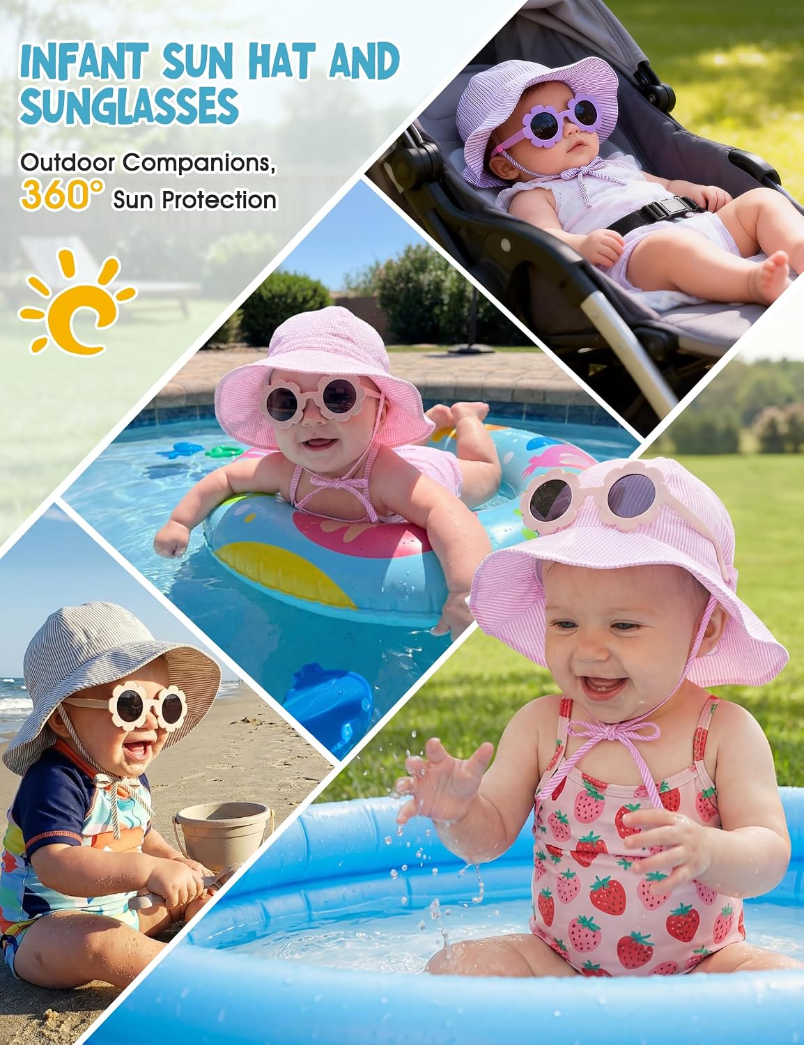 Durio UPF50+ Baby Sun Hat and Sunglasses - Sun Protection Hat for Boy Girl, Wide Brim Summer Beach Hats for Newborn Toddler