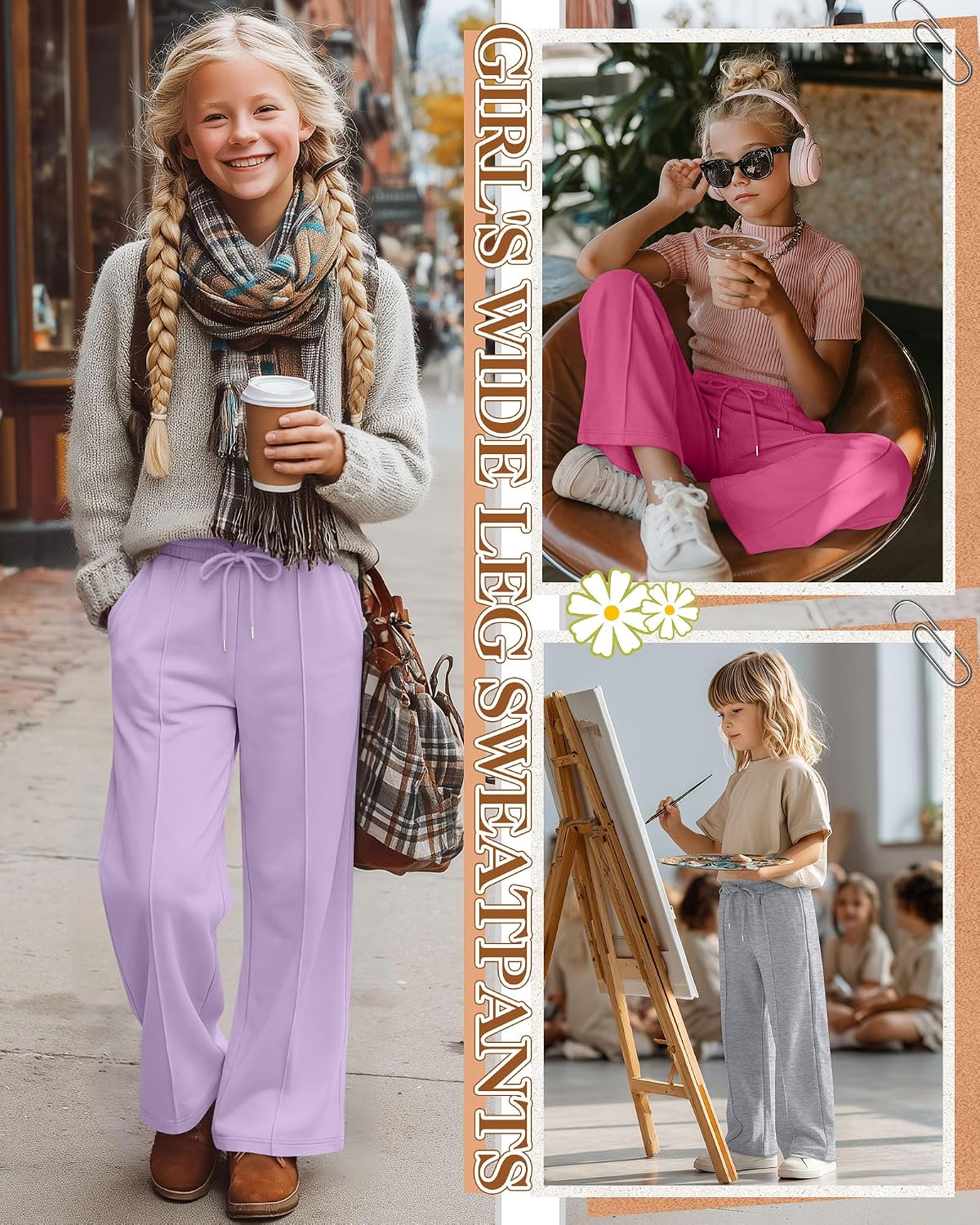 4 Pack Girls Sweatpants Teen Girls Baggy Wide Leg Pants Drawstring Joggers Athletic Trousers with Pockets 5-14Y