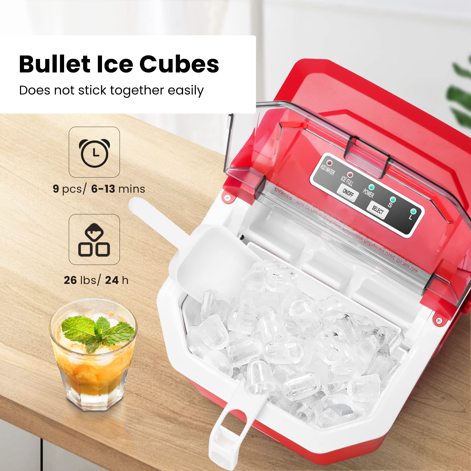 VIVOHOME Electric Portable Compact Countertop Automatic Ice Cube Maker Machine with Handle Hand Scoop 10 Ice Bags and Self Cleaning Function 26.5lbs/Day Red on Fridge.com