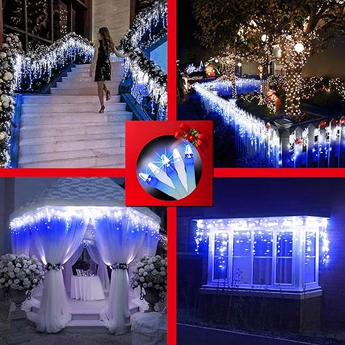 Miniatura 6 de 670 luces LED de Navidad de 66 pies con 148 gotas, 12 modos regulables, luces colgantes blancas y azules al aire libre con memoria de temporizador,