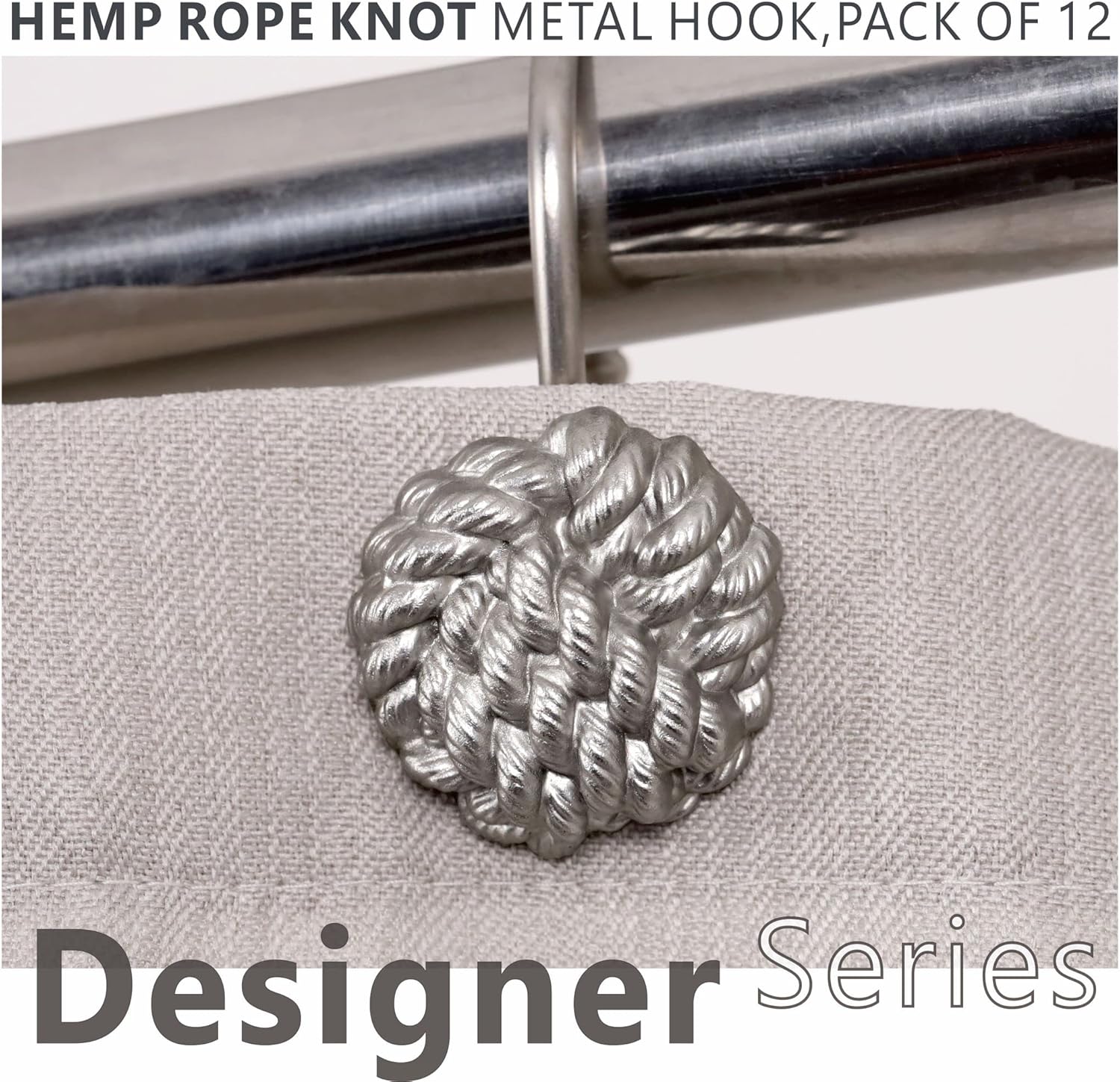 Silver Shower Curtain & Nickel Knot Shower Curtain Hooks - 72x72 Waterproof Washable Sparkle Glitter Fabric Shower Curtain - 12 PCS Rust Proof Metal Shower Curtain Rings (2 Item Bundle)