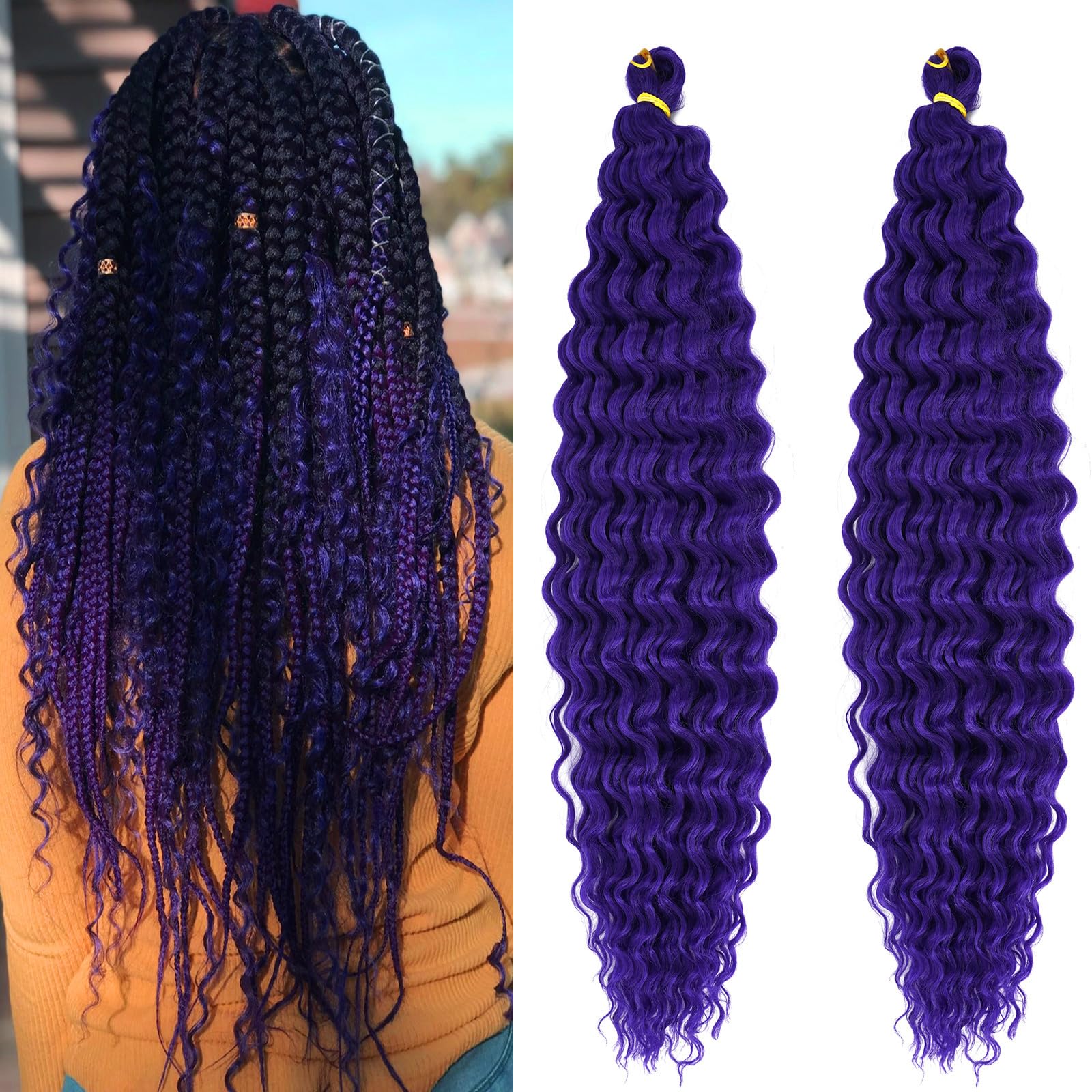 Purple Boho Hair for Braiding Curly Ocean Wave Wavy Braiding Hair Purple Ocean Deep Wave Crochet Hair for Black Women 24 Inch 2 Packs Soft Curls for