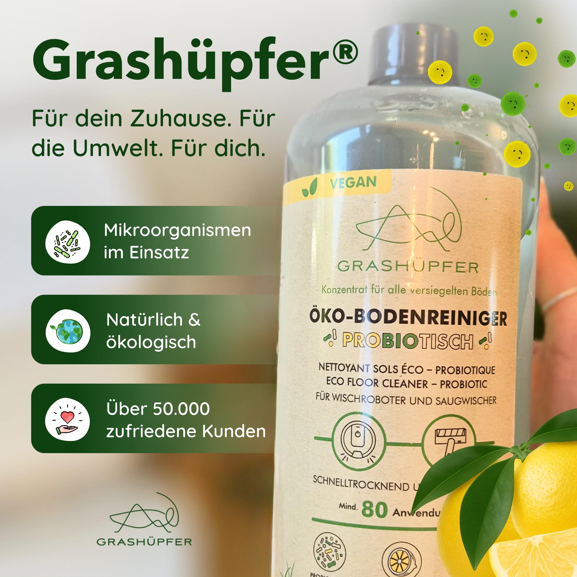 2er Set GRASHÜPFER® Probiotischer Öko Wischroboter Reiniger [FÜR TIERHAUSHALTE] – reinigt und entfernt Tiergerüche biologisch, für Wischroboter und Saugwischer [ZITRUSBLÜTE] - 2000 ml