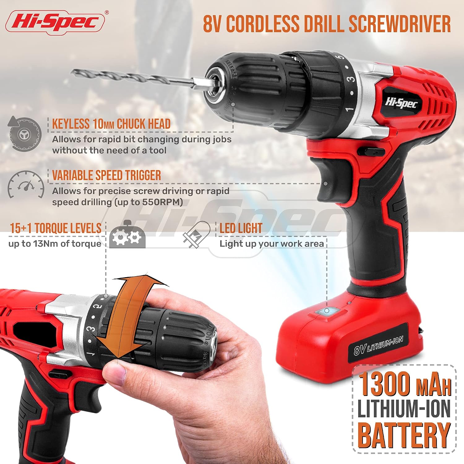 Hi-Spec 45pc Red 8V Power Screwdriver with S2 Bits Accessory Set for Cordless Electric Wood Drilling