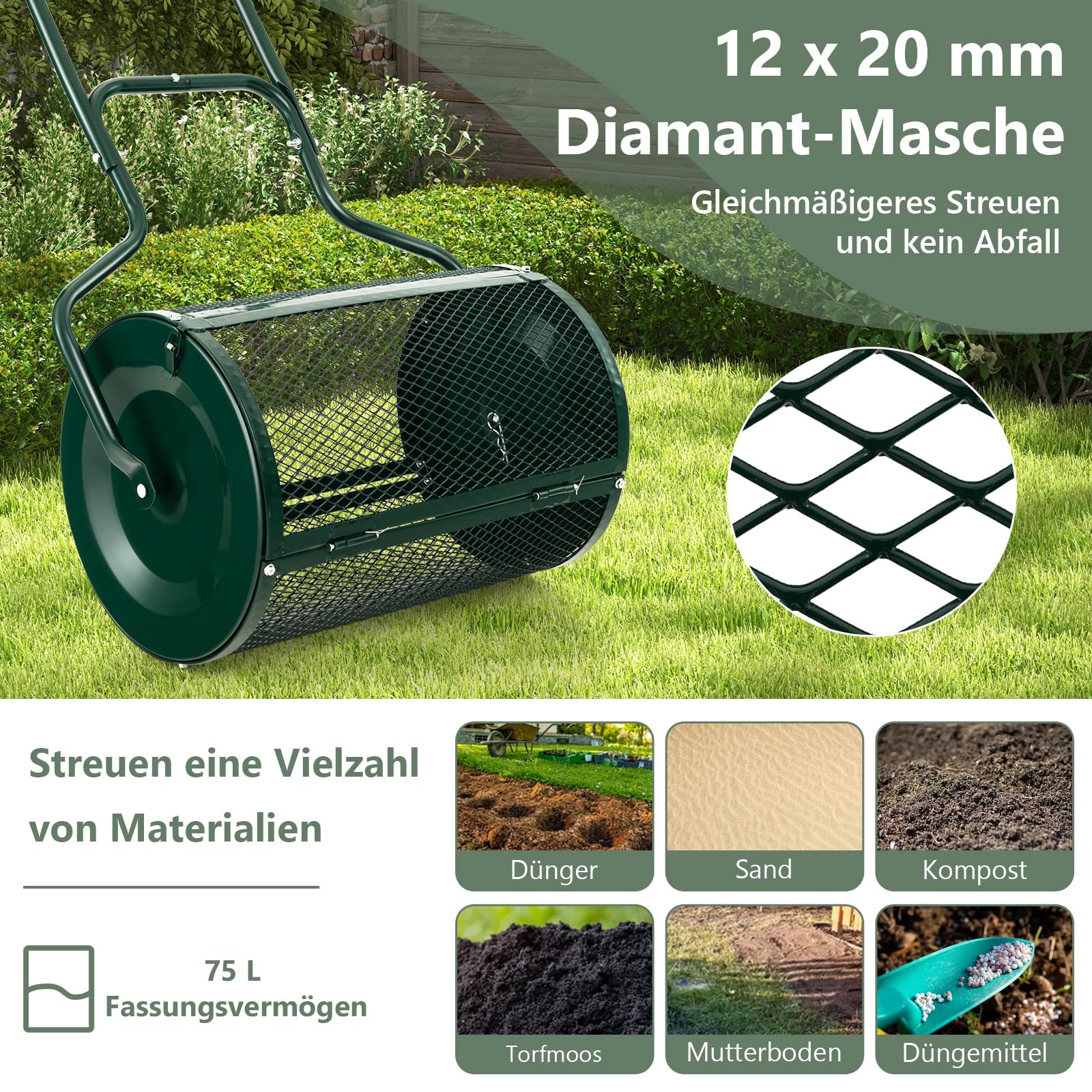FANTASK Épandeur de Mousse de Tourbe 75 l avec poignée en U - Épandeur d'engrais pour pelouse - Vert