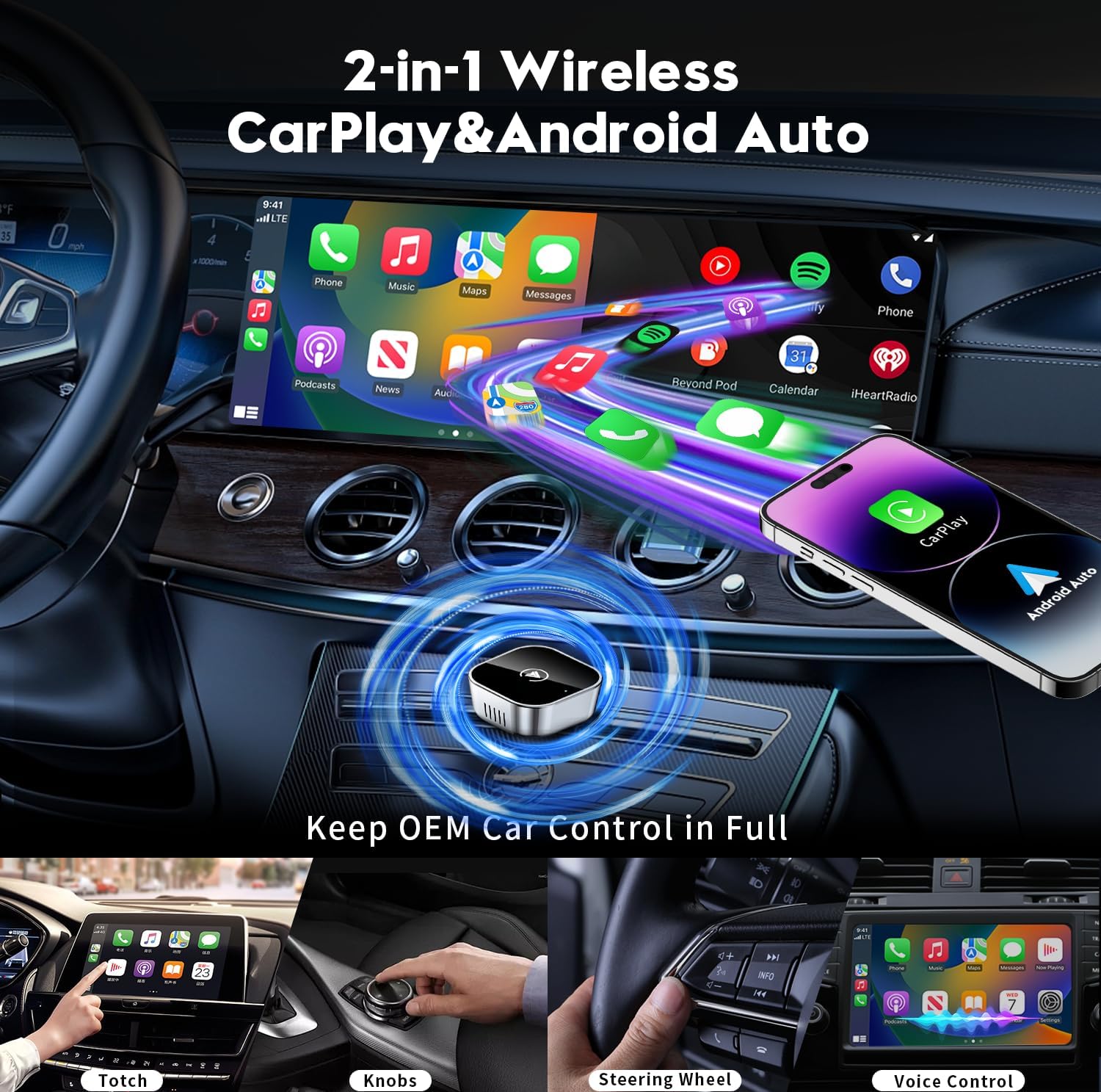 2 in 1 Wireless CarPlay and Android Auto Adapter,Convert Wired to Wireless Apple CarPlay Adapter,Easy Setup Plug and Play,Fast, Reliable & Super Easy to Use,Compact＆Sleek Design Supports 1000+ Car