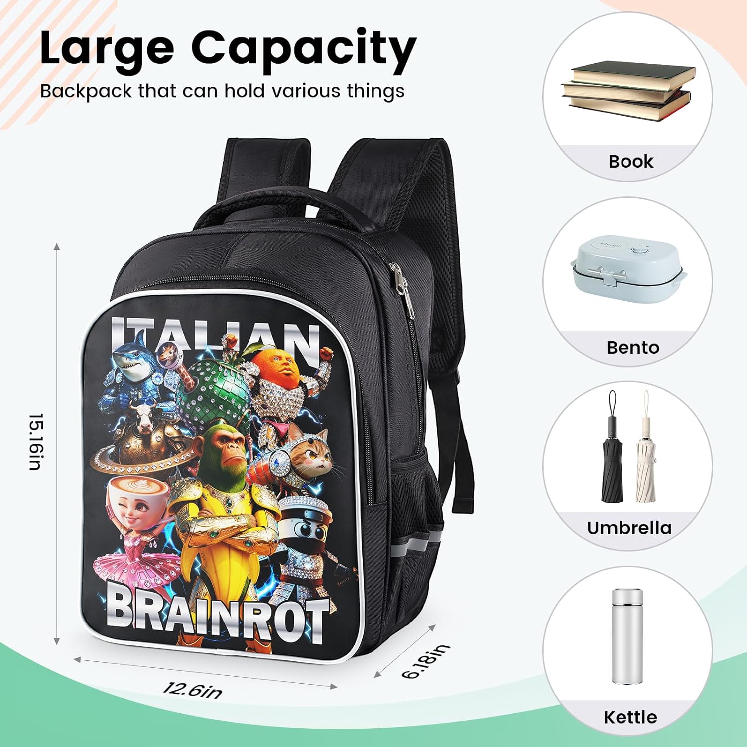 Italian Brainrot Backpack, Brainrot Backpack, Universal Large Capacity Durable Backpacks, Casual Daypack Backpacks,Travel Lightweight Daypack