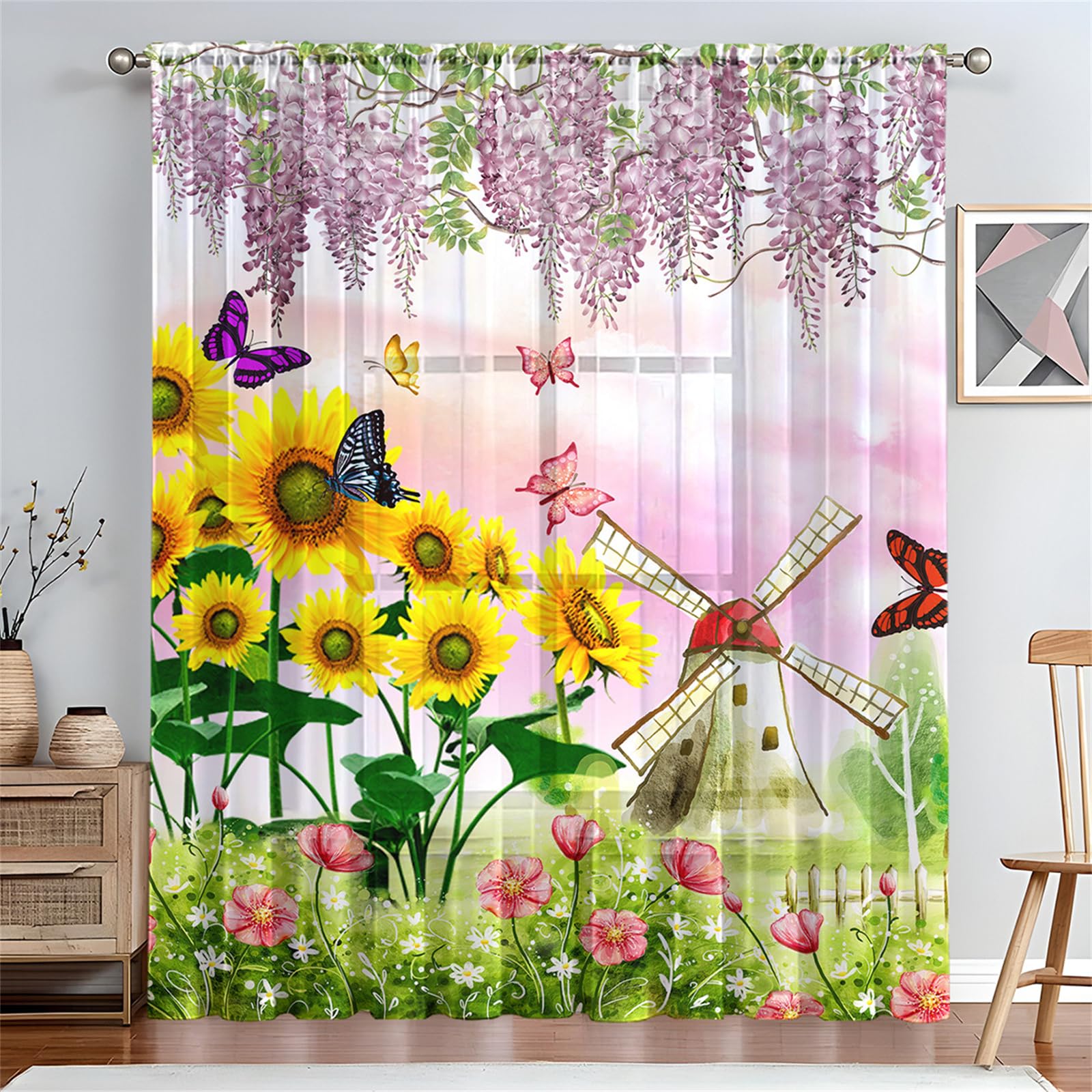 Surwin Net Curtains for Windows, Voile Curtain, 1 Panels Romantic Butterfly Print with Eyelets, Semi Transparent Lightweight Voile Panel for Living Room Bedroom Balcony (Sunflower,W132xH45cm)