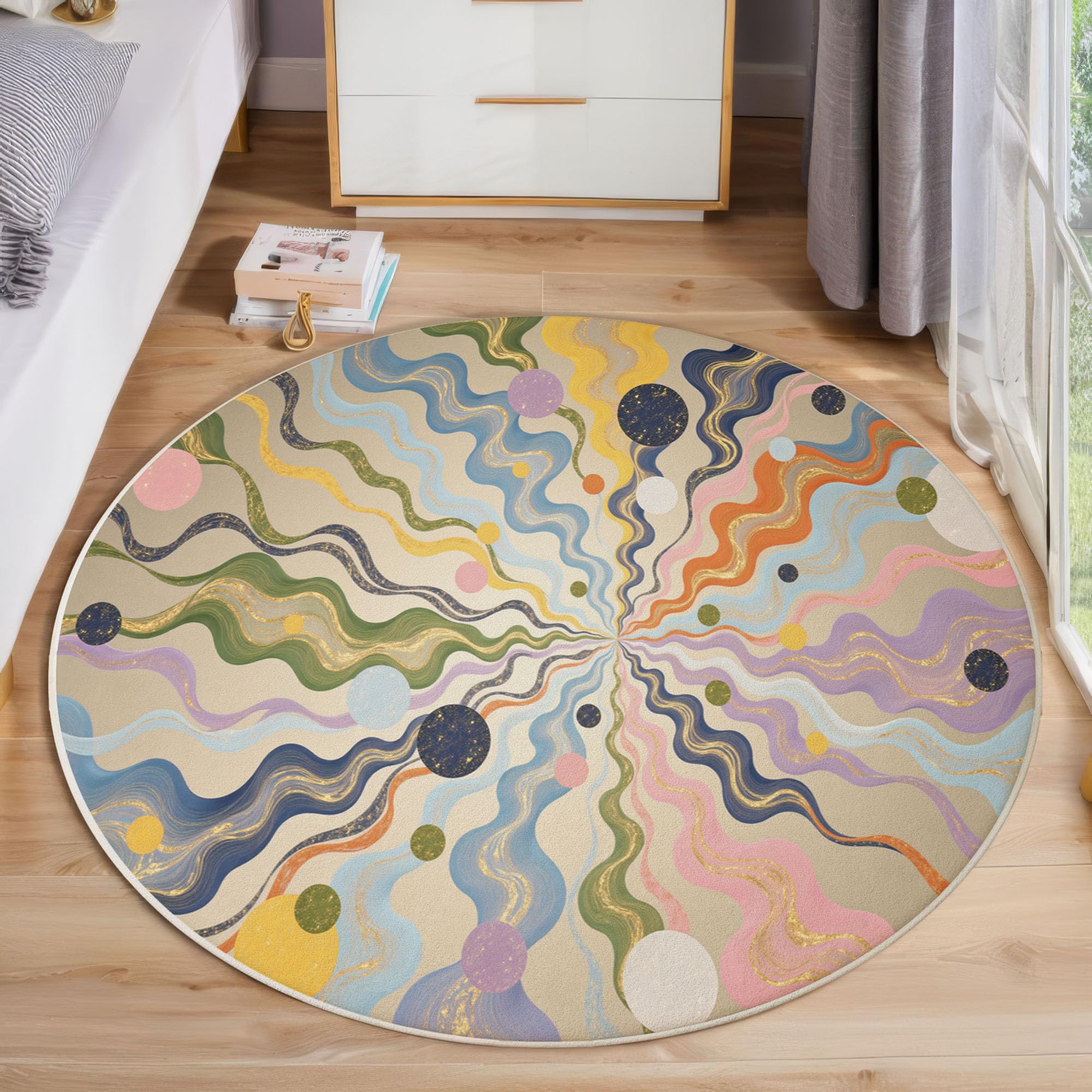 Tapis de chambre et salon rond bleu et rose au design abstrait 80cm
