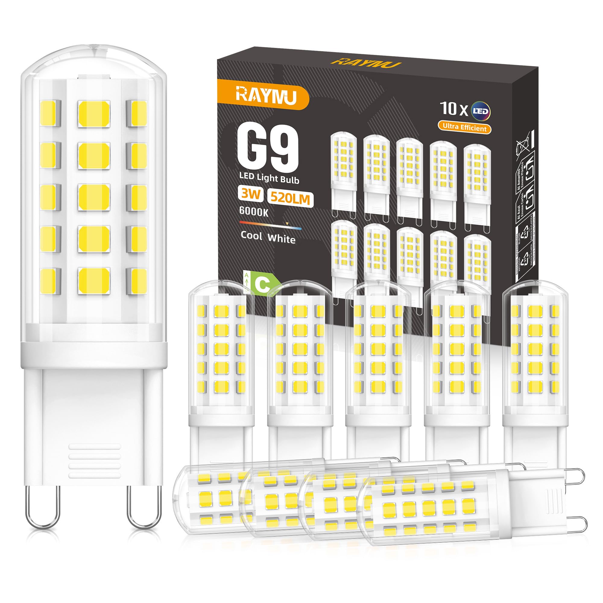 RAYMU G9 LED Light Bulbs, 3W = 50W, 520lm, Cool White 6000K, 10-Pack