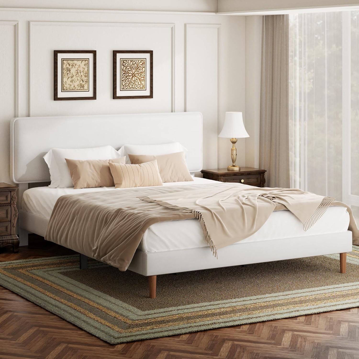 King Size Upholstered Platform Bed Frame, PU Leather Adjustable Headboard, No Box Spring Needed, Wood Slats Support, Easy Assembly, White White King