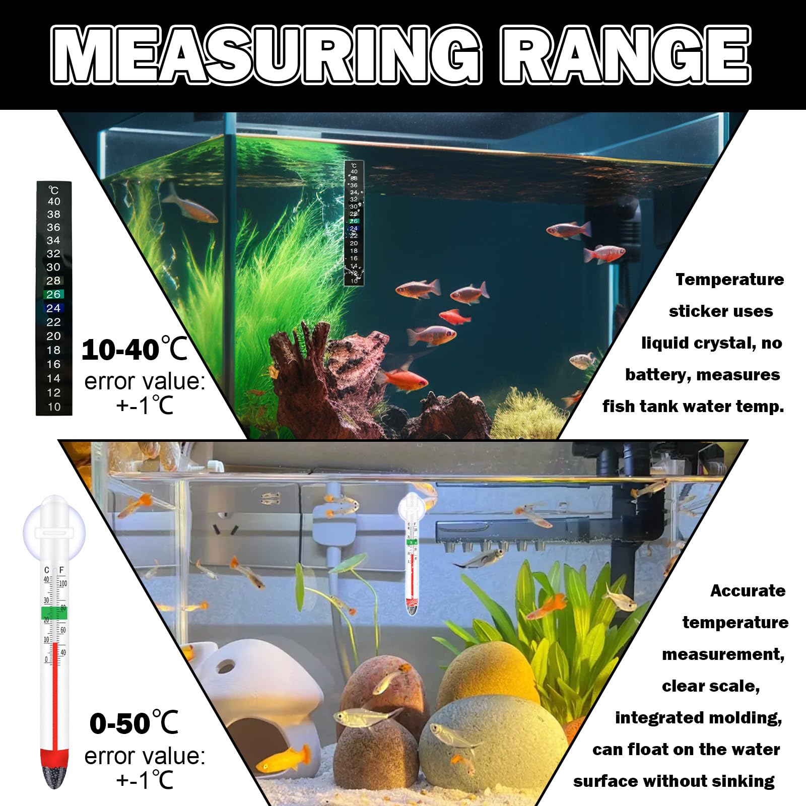 2 Pièces Thermomètre Aquarium et 3 Pièces Thermomètre Aquarium Autocollant, Mesure Précise et Affichage Clair, Adapté aux Tortues, Poissons
