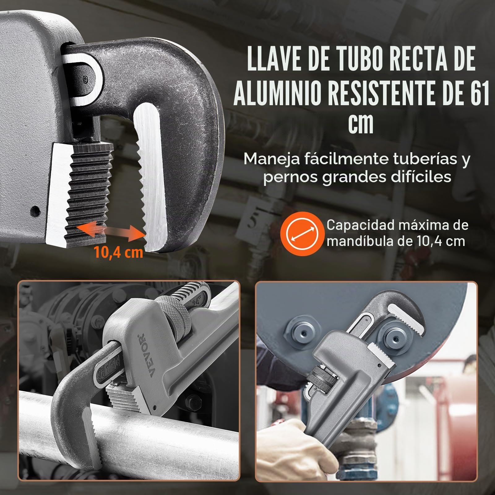 VEVOR Llave para Tubo Recto de Aluminio 61 cm Llave para Plomería Ajustable Mandíbula de Alta Resistencia Mango Ergonómico Fácil de Transportar para Tuberías de Agua Reparaciones de Automóviles