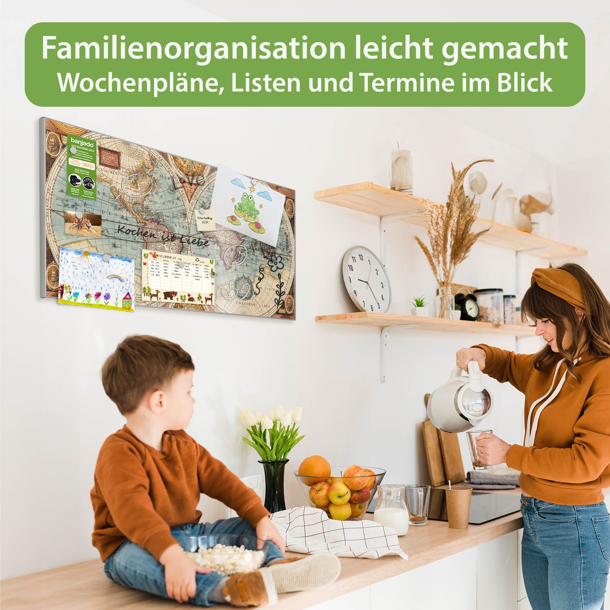 banjado Magnettafel Metall 78 x 37cm - beschreibbare Magnettafel - Metall Pinnwand als Memoboard - Magnetwand Küche, Büro, Kinderzimmer Grau inkl. 4 Magnete & Montageset - Motiv Historische Weltkart