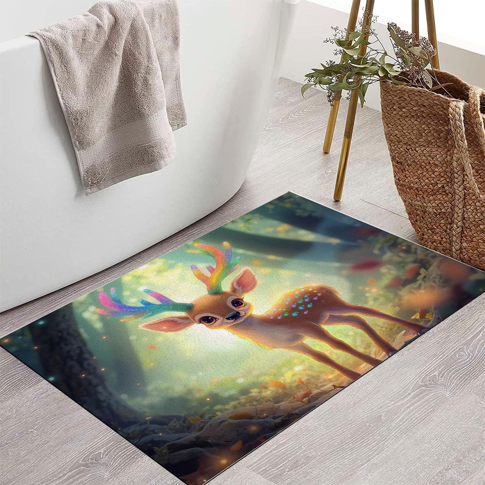 Fußmatte Innen 60x90cm, Waldhirsch rutschfeste Fußmatte für den Innenbereich, Traumwald Fußabtreter Türmatte wasserabsorbierende Schmutzfangmatte, Braun