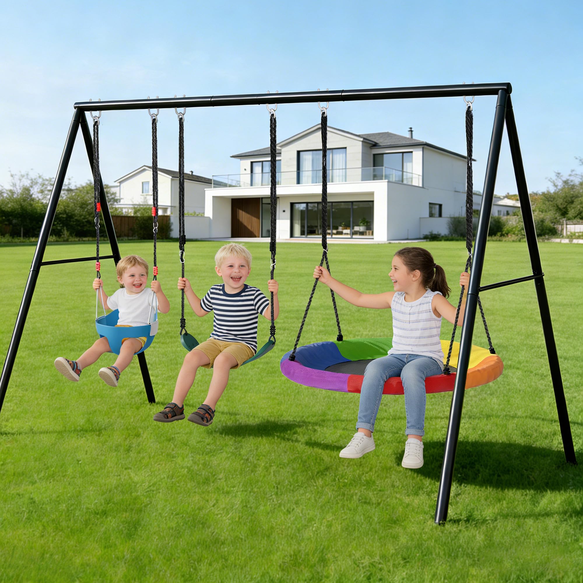 SYESWAY 440lbs Swing Frame Set with Stand–Saucer Swing, Belt Swing & Baby Swing, Heavy Duty Metal Swing Set with Adjustable Height for Backyard, Outdoor Playground Equipment for Kids