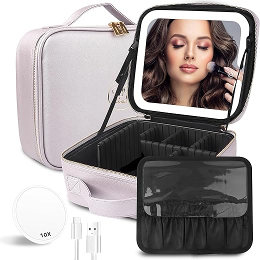 Travel Cosmetic Train Case with Lighted Mirror 3 Color Scenarios Cosmetic Bag Organizer with Adjustable Dividers Makeup Storage for Women, Makeup Acce