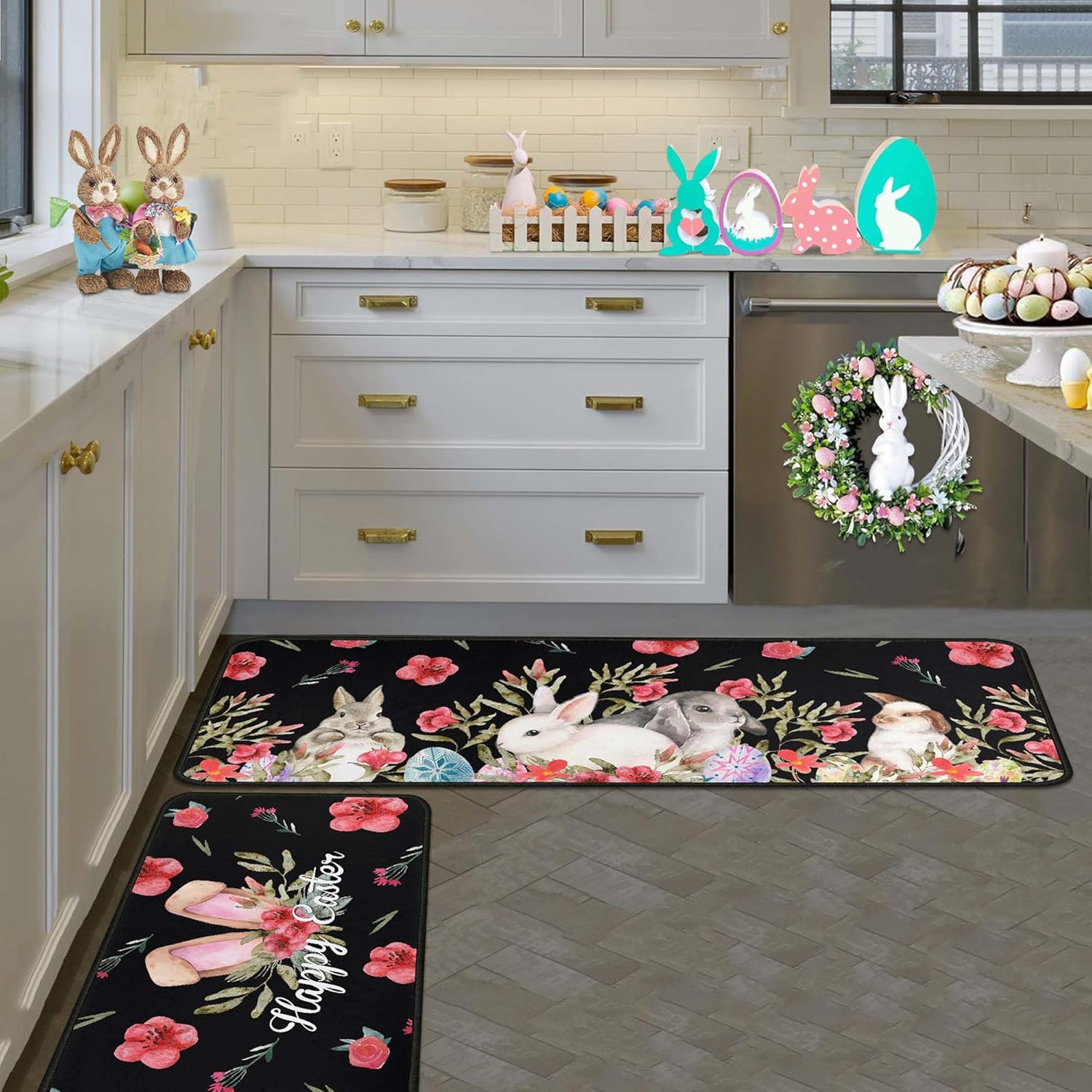 Easter Kitchen Rugs Set of 2, Easter Decorations Non Slip Backing Happy Easter Kitchen Mats for Floor Holiday Rug Easter Decor for Home Party Gifts 17"X47"+17"X30" (Happy Easter 1, 17"x47.2"+17"x30")