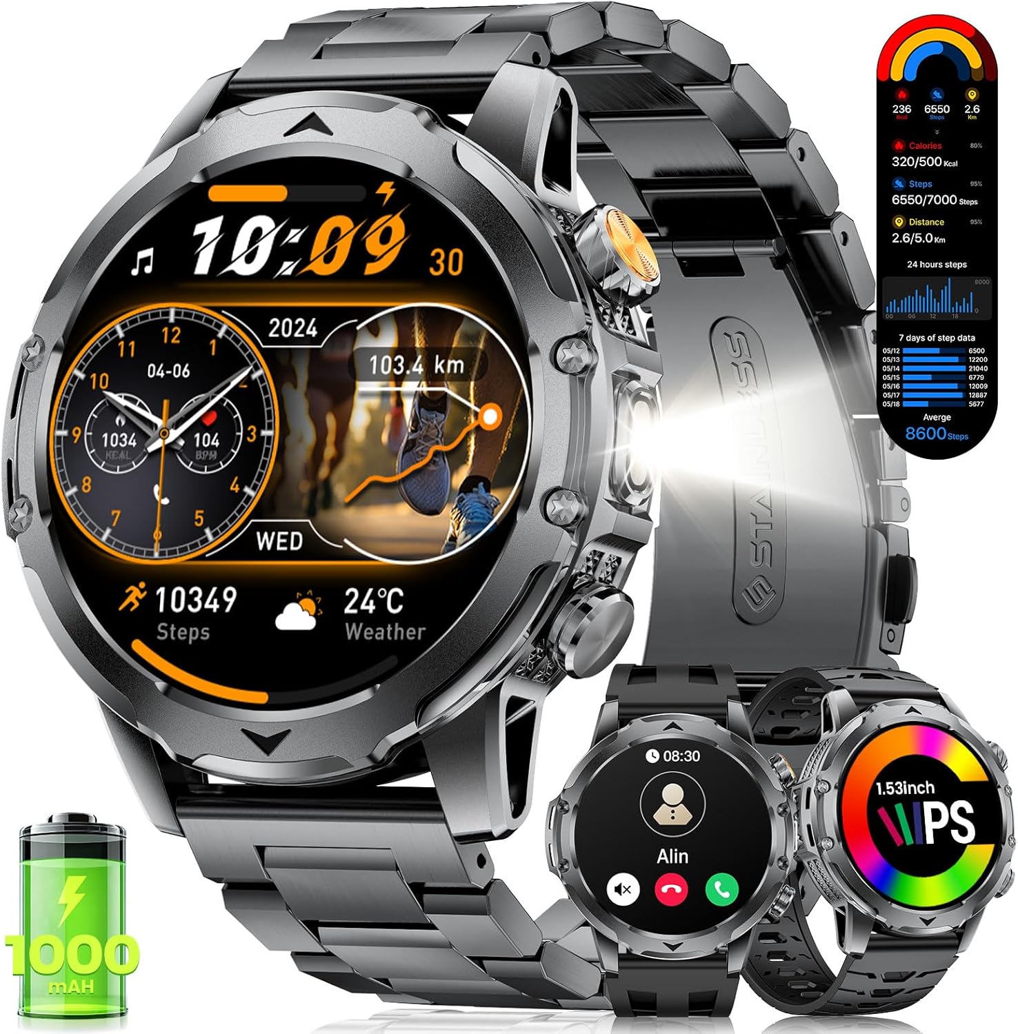 2026 Smart Watches for Men with 1000 mAh, 1.53" HD Display Military Smart watch, LED Torch, Answer/Make Calls, 120+Sports Modes, Heart Rate, Sleep Monitor, SpO2, IP68 Waterproof, iOS Android(3 Straps)