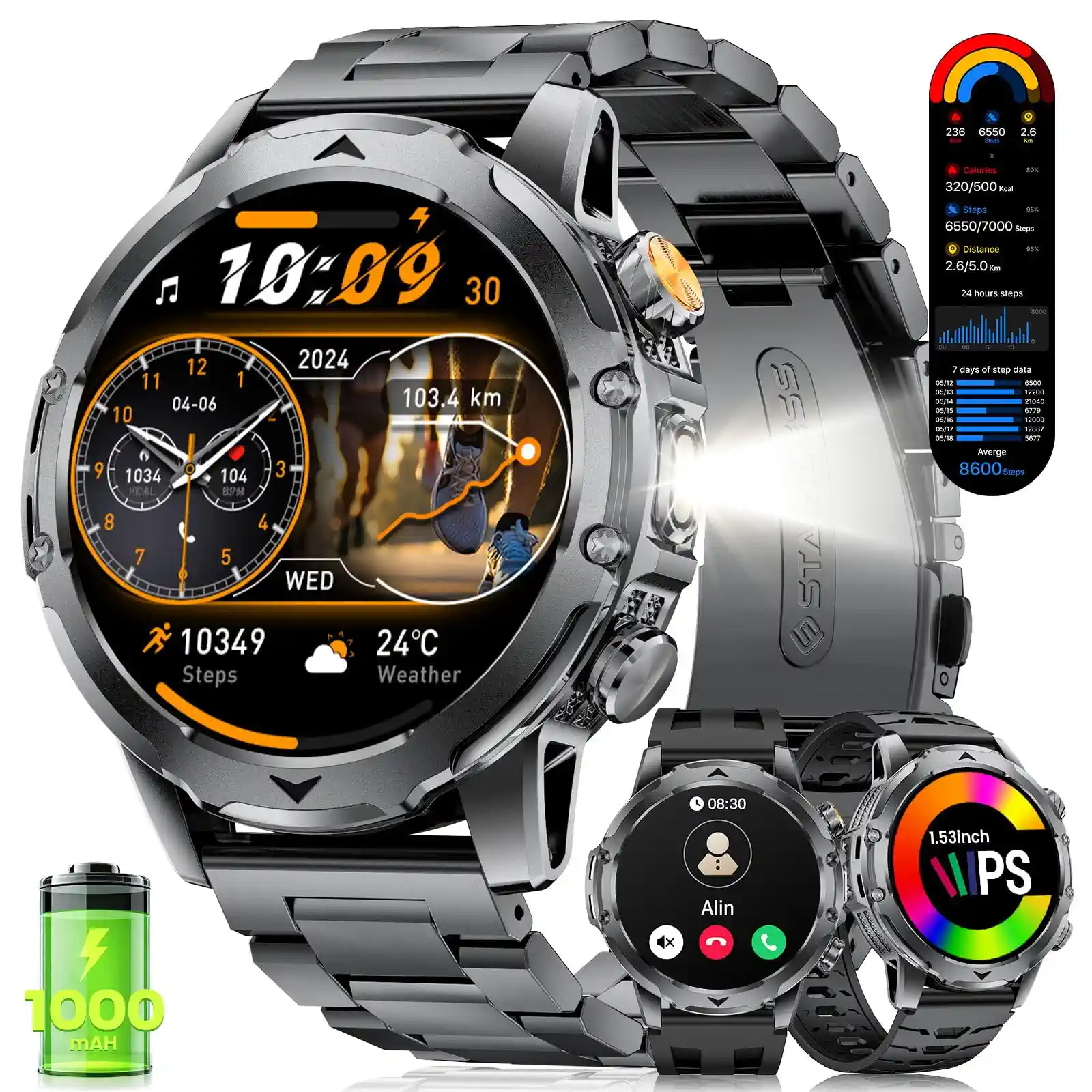 FITFLEX Smartwatch Herren mit 1000 mAh, 1,53" HD AMOLED Militär Smart Watch, LED Taschenlampe, Telefonfunktion Fitnessuhr mit 120+ Sportmodi, Herzfrequenz, Schlafmonitor, SpO2, IP68, iOS Android Neu