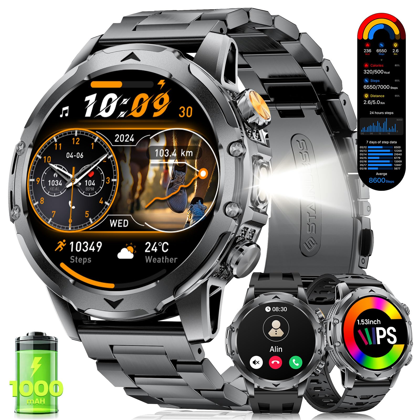 FITFLEX Orologio Smartwatch Uomo con Chiamata Bluetooth, 1.53" HD AMOLED Smartwatch con Batteria 1000 mAh(50+Standby Zeit)/Torcia Elettrica/120+ Sport/Sonno, IP68, Fitness Smart Watch iOS Android