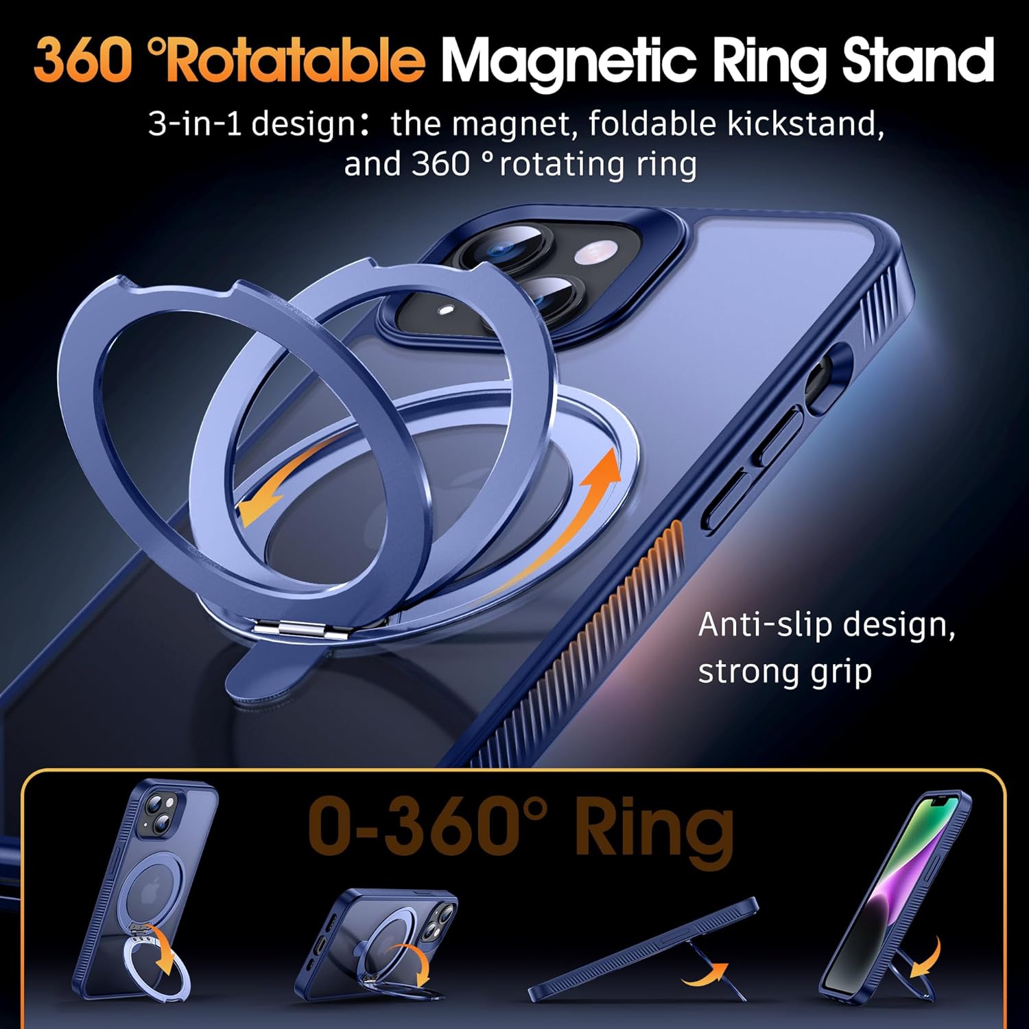 Supdeal Magnetic Stand Case for iPhone 13/iPhone 14, [360° Rotatable Ring Kickstand Holder] [Compatible with MagSafe], Matte Translucent Non Slip Silicone Military-Grade Phone Cover, 6.1", Blue