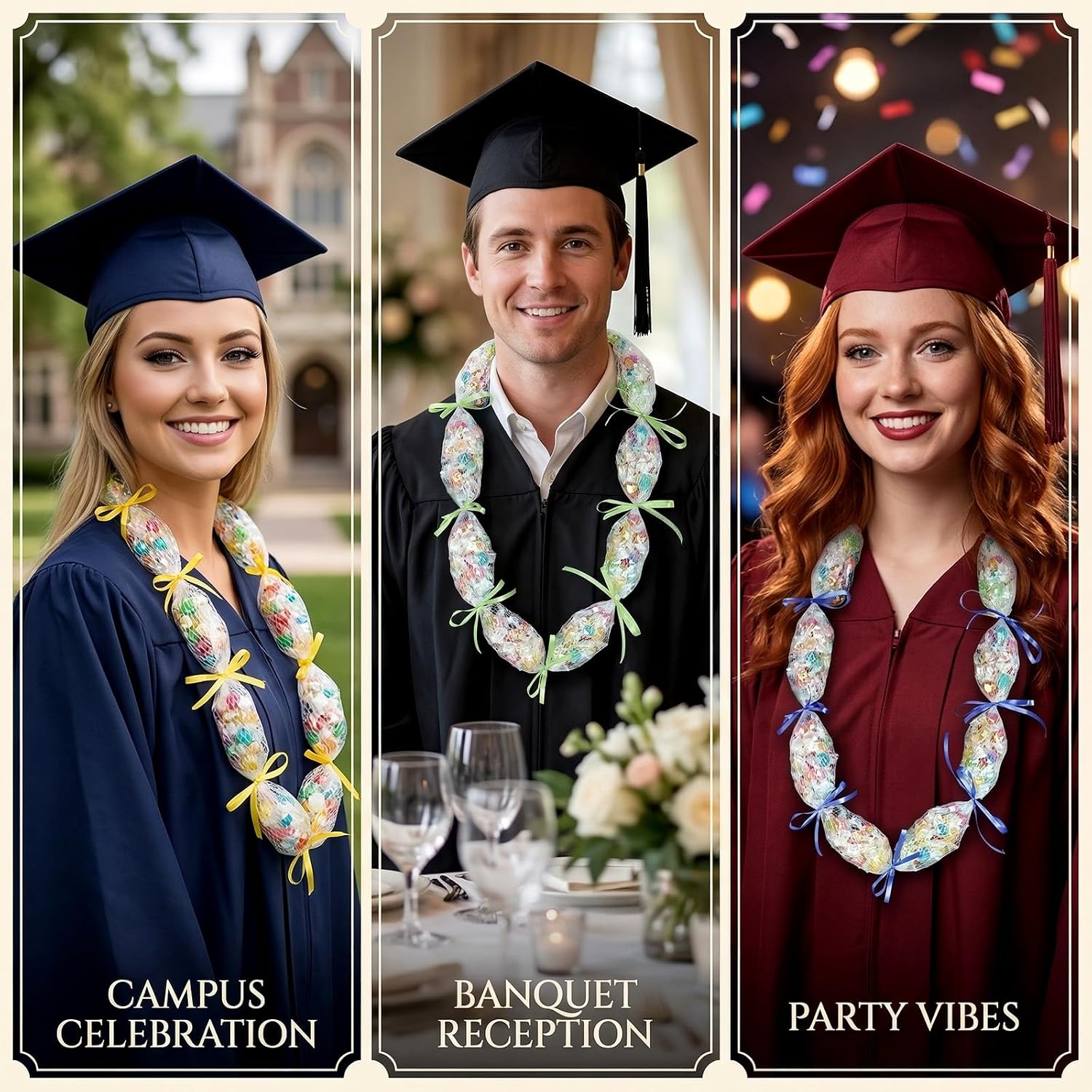 Sucrain 131 FT 2026 Graduation Candy Lei Netting Tubing,1 Roll Clear Graduation DIY Hawaiian Lei Mesh Bags with 3 Colors Ribbon Making Kit for Graduation Party Lei Kit DIY Wreaths Wedding Supplies