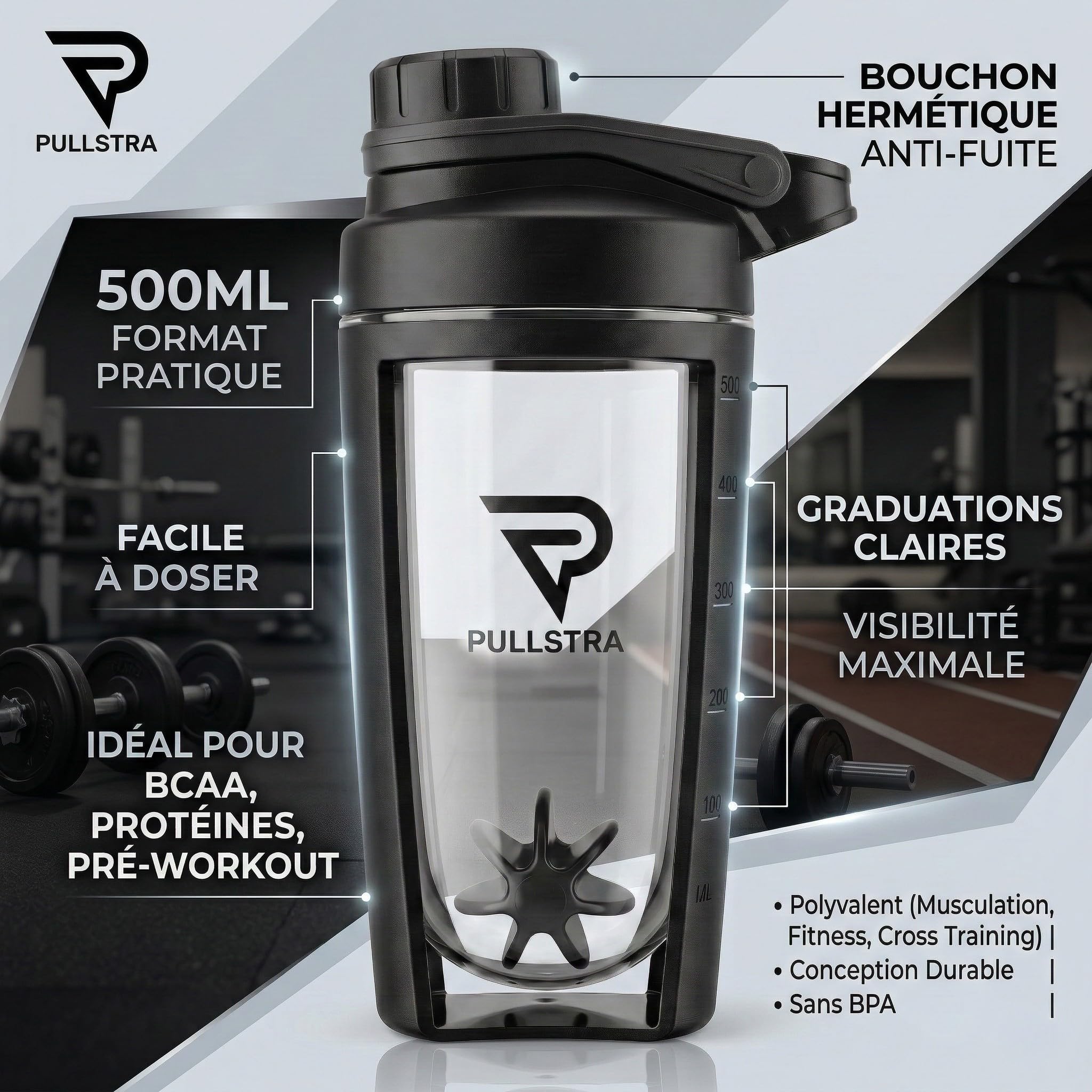 Shaker Protéine 500ml – Shaker Sport Étanche Sans Fuite, Gourde Sport pour Whey & Musculation, Shaker Gradué Sans Grumeaux, Fitness Homme & Femme (Noir)
