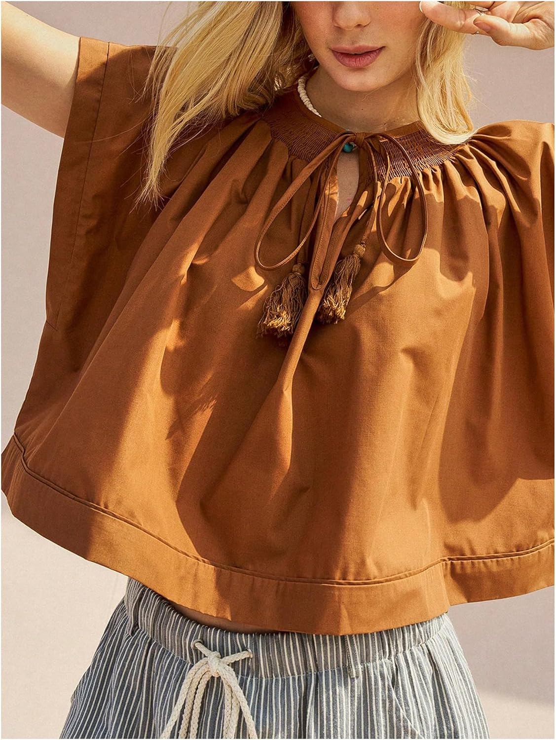 MakeMeChic Women's Tie Neck Dolman Sleeve Blouse Shirt Fringe Shirred Boho Blouses Top - Image 4