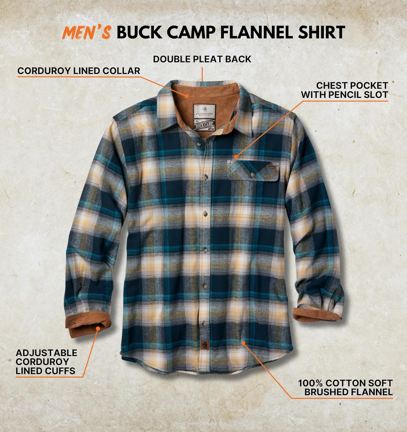 Legendary Whitetails Men’s Buck Camp Flannel Shirt, Long Sleeve Plaid Button Down Casual Shirt for Men with Corduroy Cuffs - Image 4
