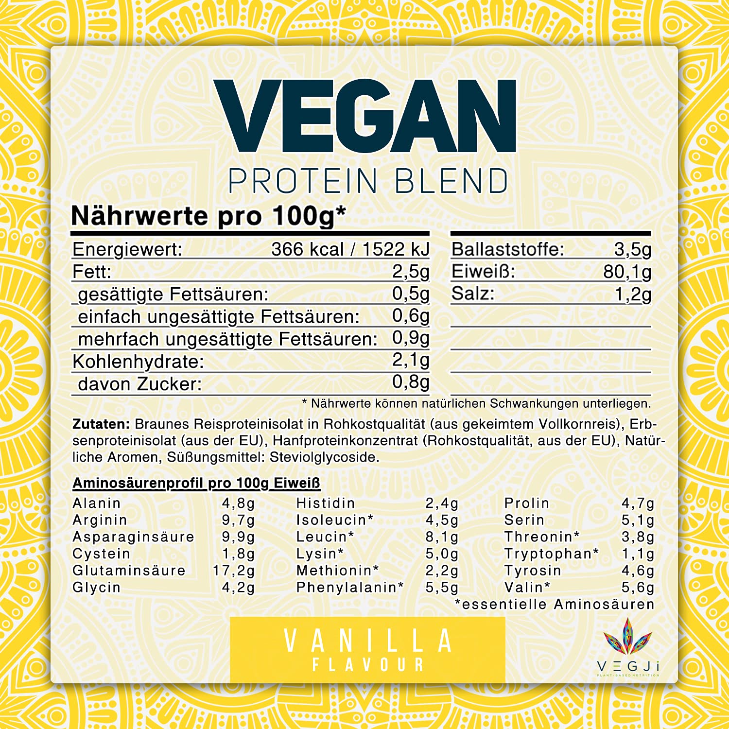VEGJi Vegan Protein Blend 1000g | Erbsen-, Reis- & Hanfprotein | Hoher Proteingehalt | Natürliche Zutaten | Mit Stevia-Extrakt gesüßt (Vanille)