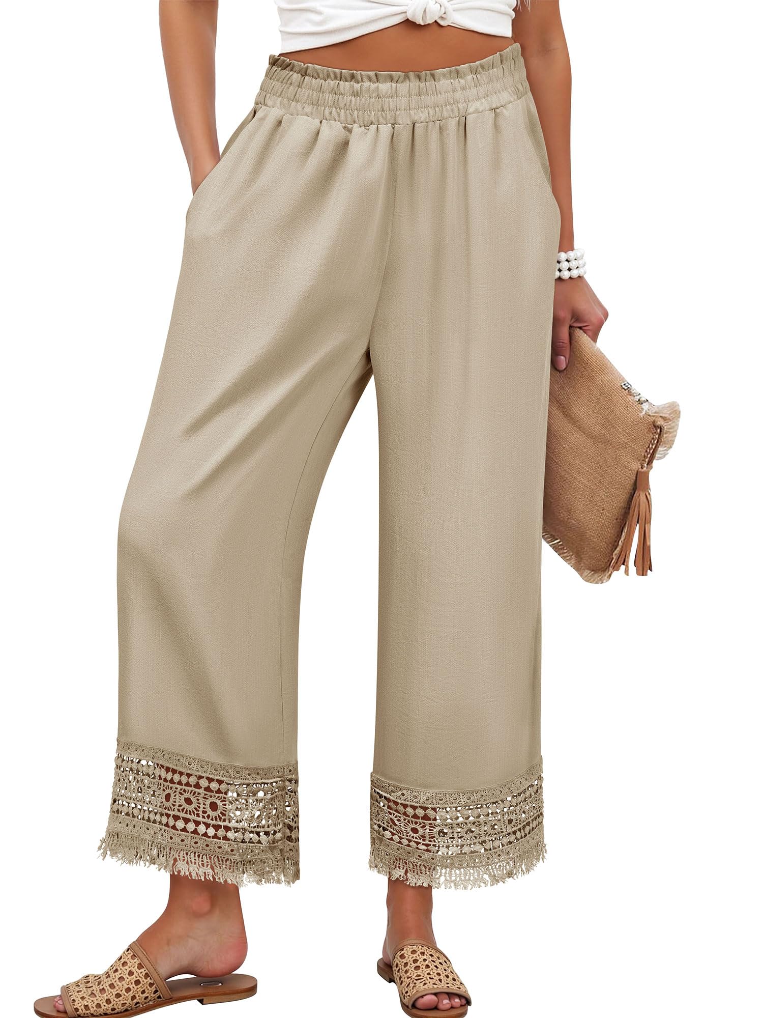 Womens Wide Leg Pants Summer Casual Palazzo Pants High Waist Flowy Beach Trousers with Pockets