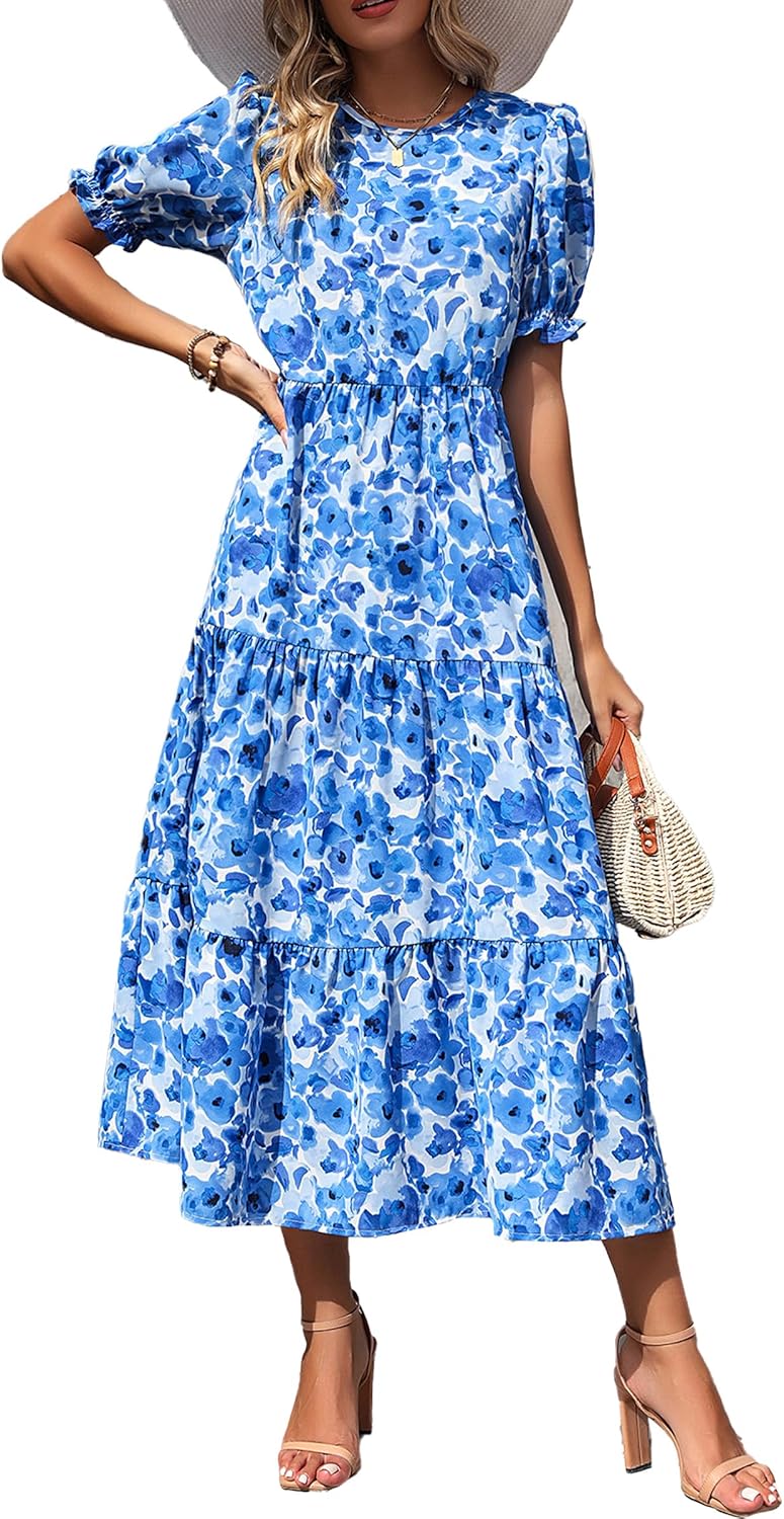 PRETTYGARDEN Summer Dresses for Women 2025 Casual Floral Boho Midi Sun Dress Puff Short Sleeve Flowy Beach Vacation Sundress
