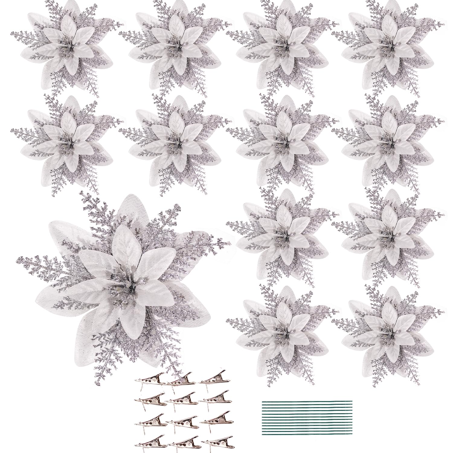 Leixi 16pcs Christmas Poinsettia Artificial Flowers 5.5" Glitter Poinsettias Flower with Stems & Clips for Wreath Xmas Tree New Year Party Ornament Wedding (Sliver)