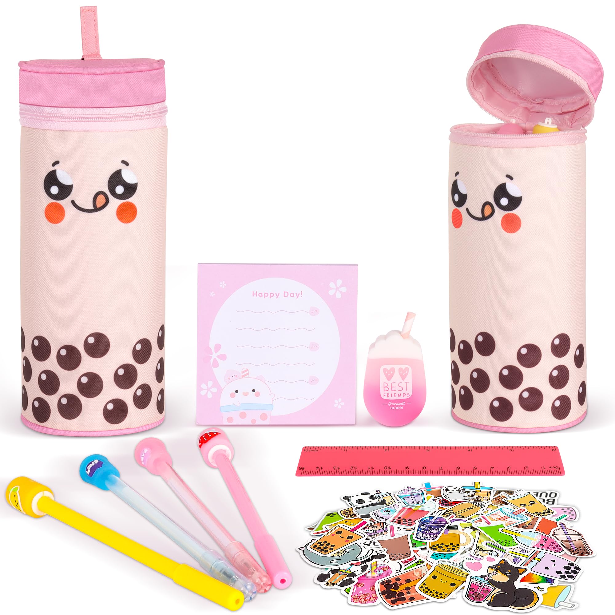 Primo Lines Cylindrical Boba Tea Kawaii Pencil Case Holder 61 PCS Pink Stationary Set Pink Stationery Bag 4 Cute Pens, 53 Stickers, Bubble Sticky Notes and Fun Erasers, Ruler Present Set for gift