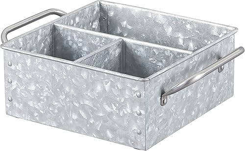 Walford Home Bandeja de almacenamiento de metal galvanizado Carrito de mesa rústico de granja con asas Caja dividida funcional y decorativa