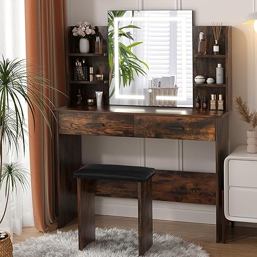 SMOOL Escritorio de tocador con espejo iluminado, mesa de tocador de maquillaje con 3 opciones de luz de color, brillo ajustable, tocador con 6