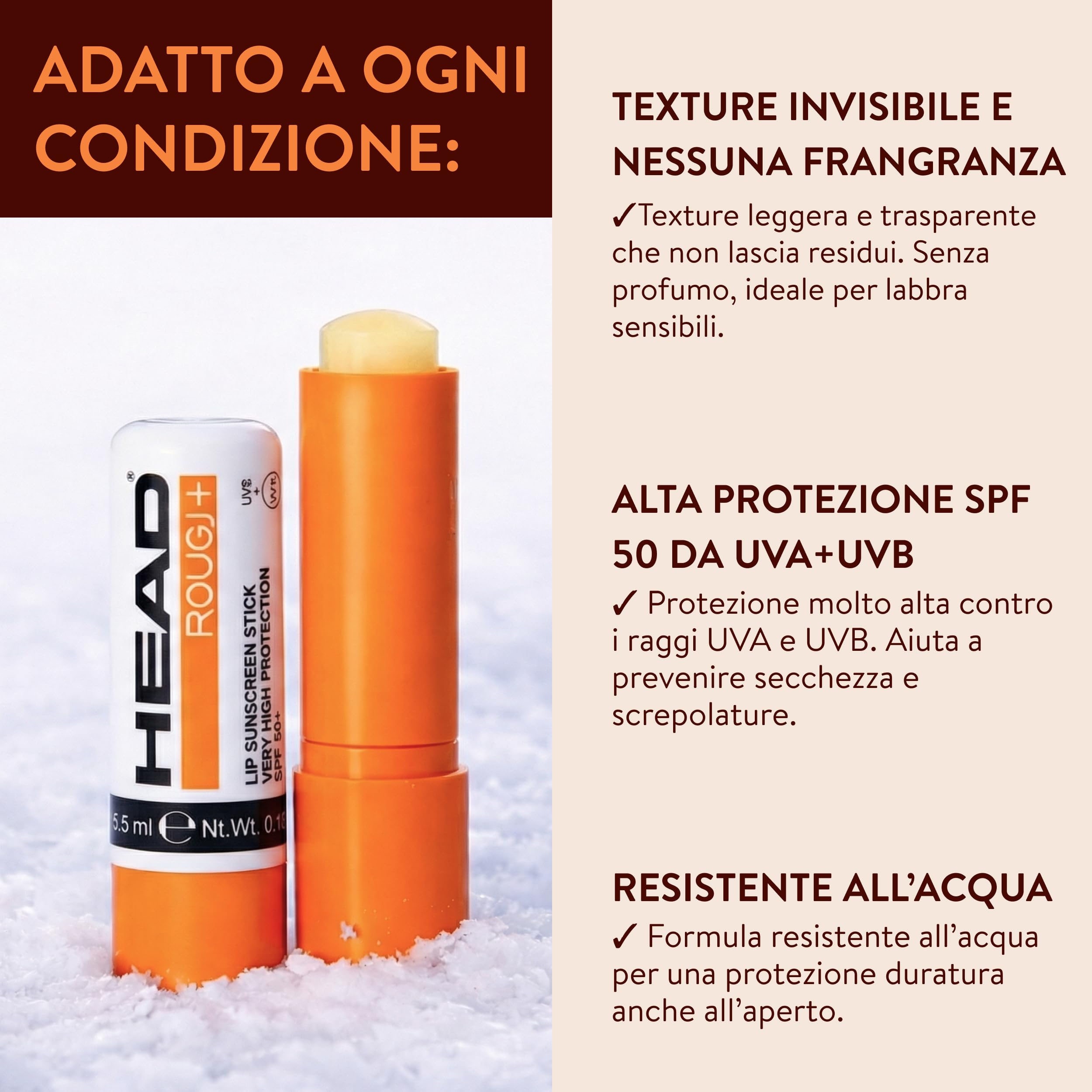 HEAD BY ROUGJ Stick Labbra Protezione Solare 50+ con Formula Invisibile per Comfort Quotidiano e Difesa in Condizioni Estreme, Lip Balm Spf 50 Texture Leggera e Resistente all’Acqua - Made in Italy
