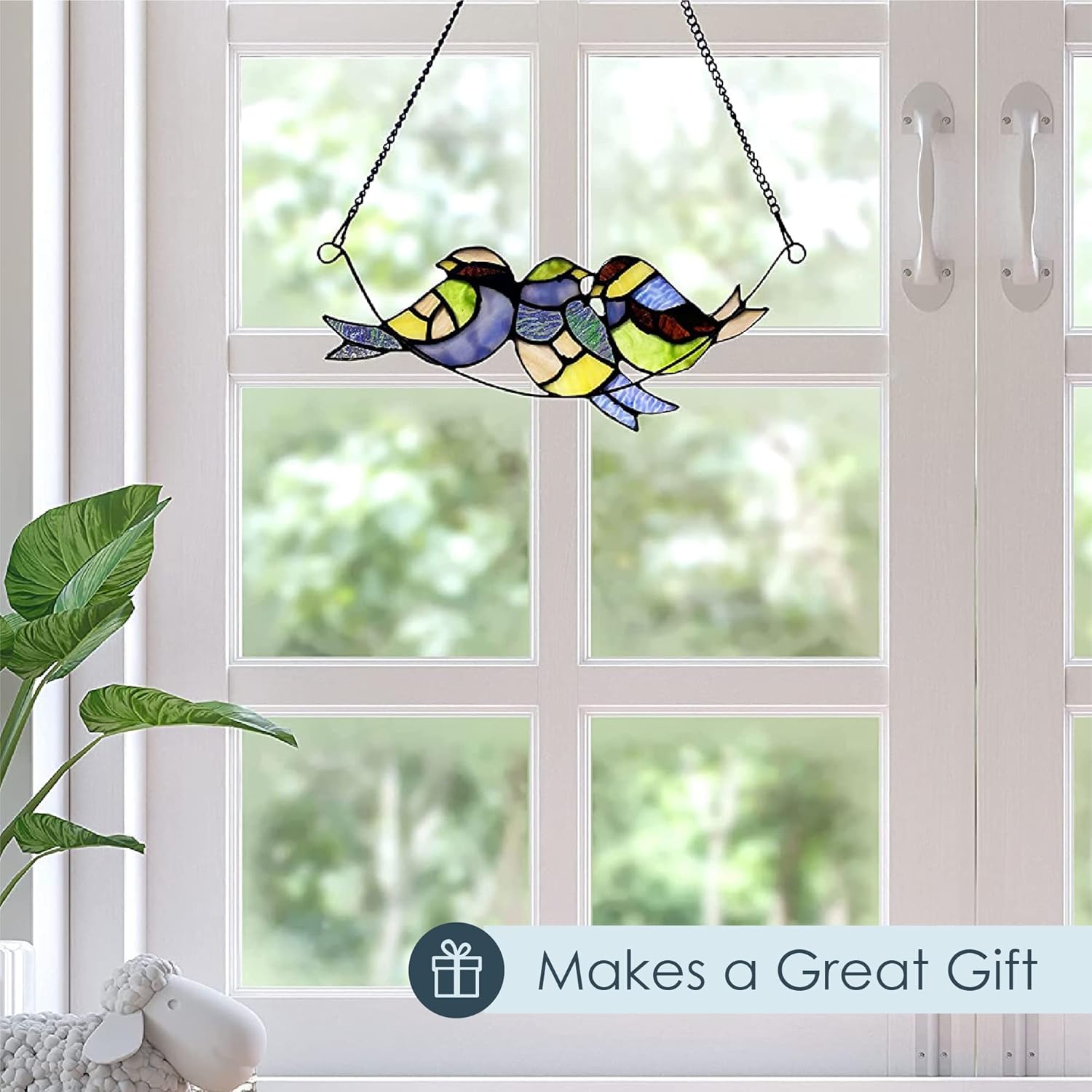 River of Goods - 4.5" High Tiffany-Style Three Birds Stained Glass Window Panel