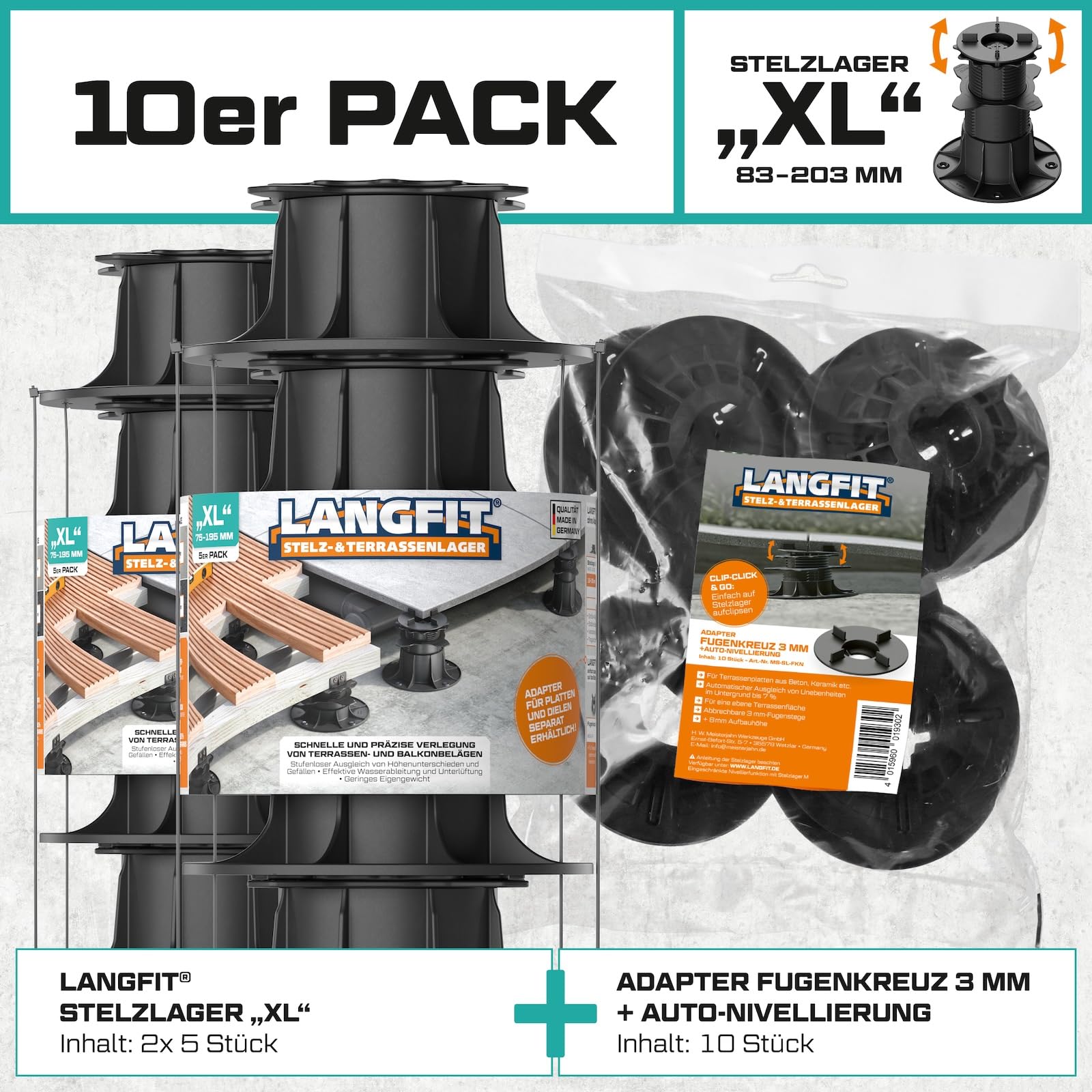 10x LANGFIT® Stelzlager "XL" für Terrassenplatten – Mit Auto-Nivellierung 0-7% – Bis 50% schneller montiert – Mit Maßskala – Stufenlos höhenverstellbar von 83-203mm / Fugenkreuz 3mm – Made in Germany
