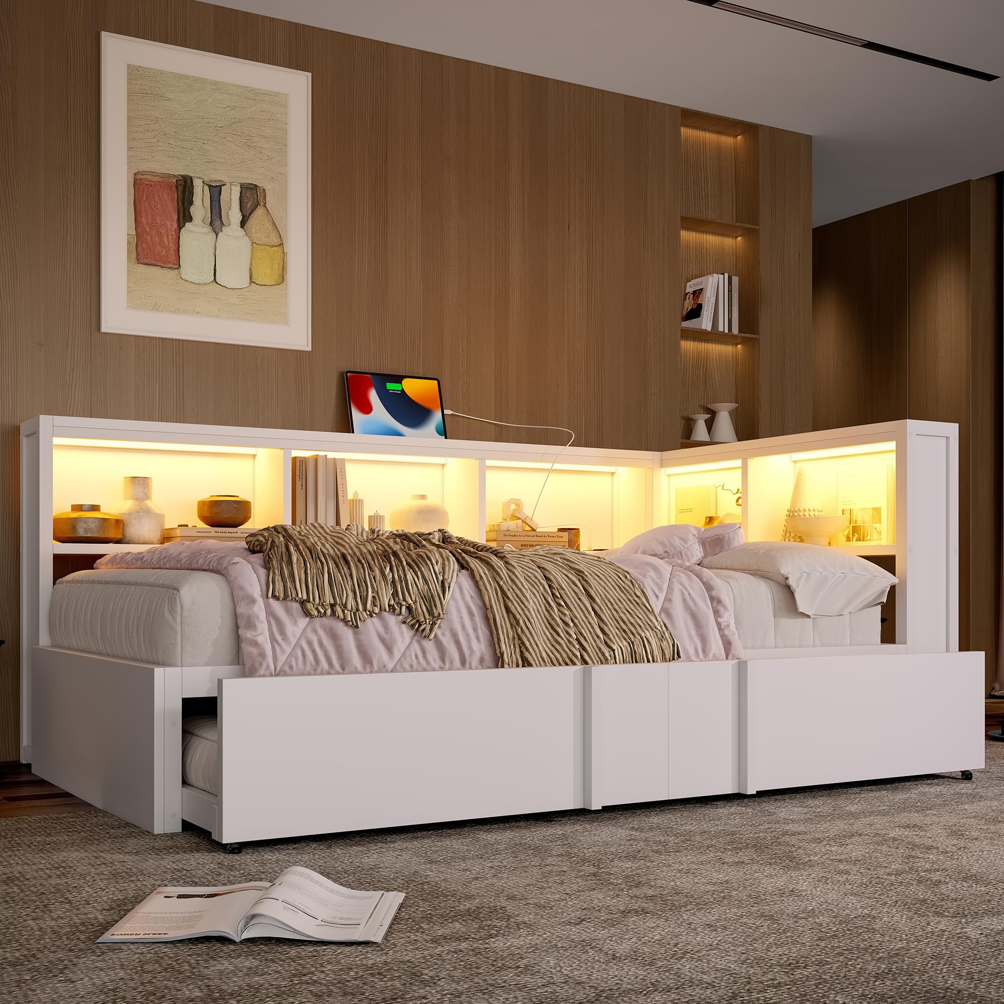 Lexiou Cama de metal de 90 x 200 cm con cama nido, armarios de almacenamiento, iluminación LED y puertos USB (blanco)